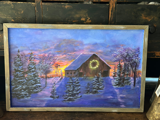 Vintage Framed Original Winter Christmas Cabin Painting, Signed Tom  Voxx