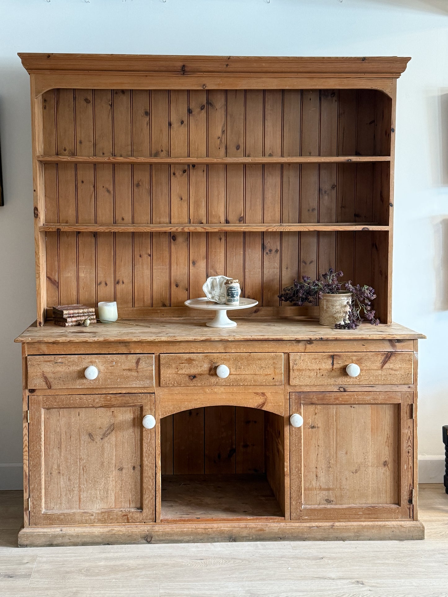 Antique English Pine Stepback Hutch with Kennel