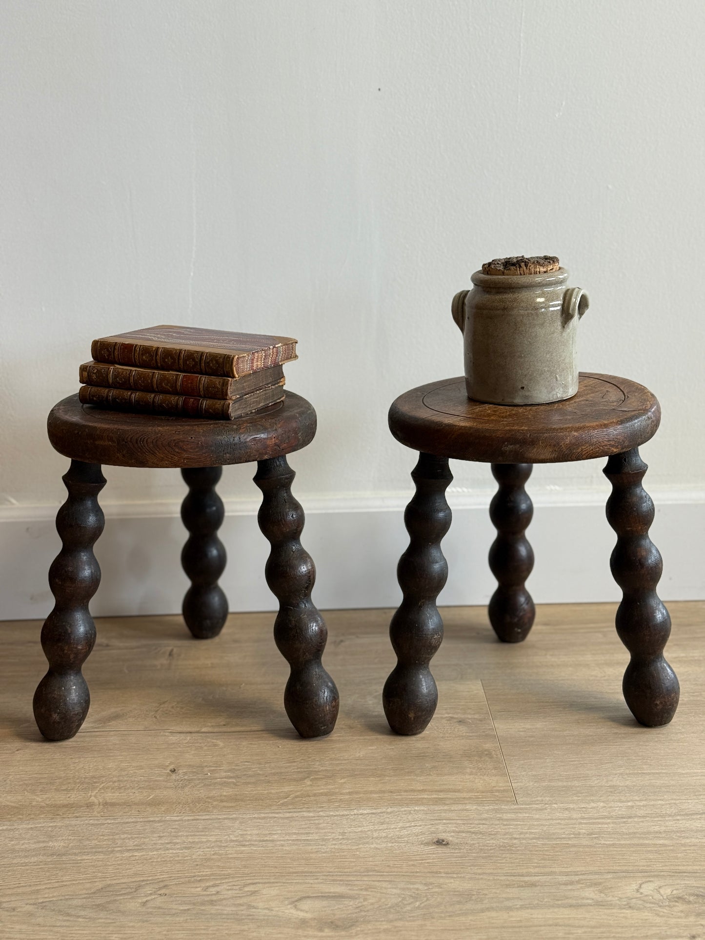 Pair of Two Vintage French Bobbin Stools, Attrib. to Dudouyt