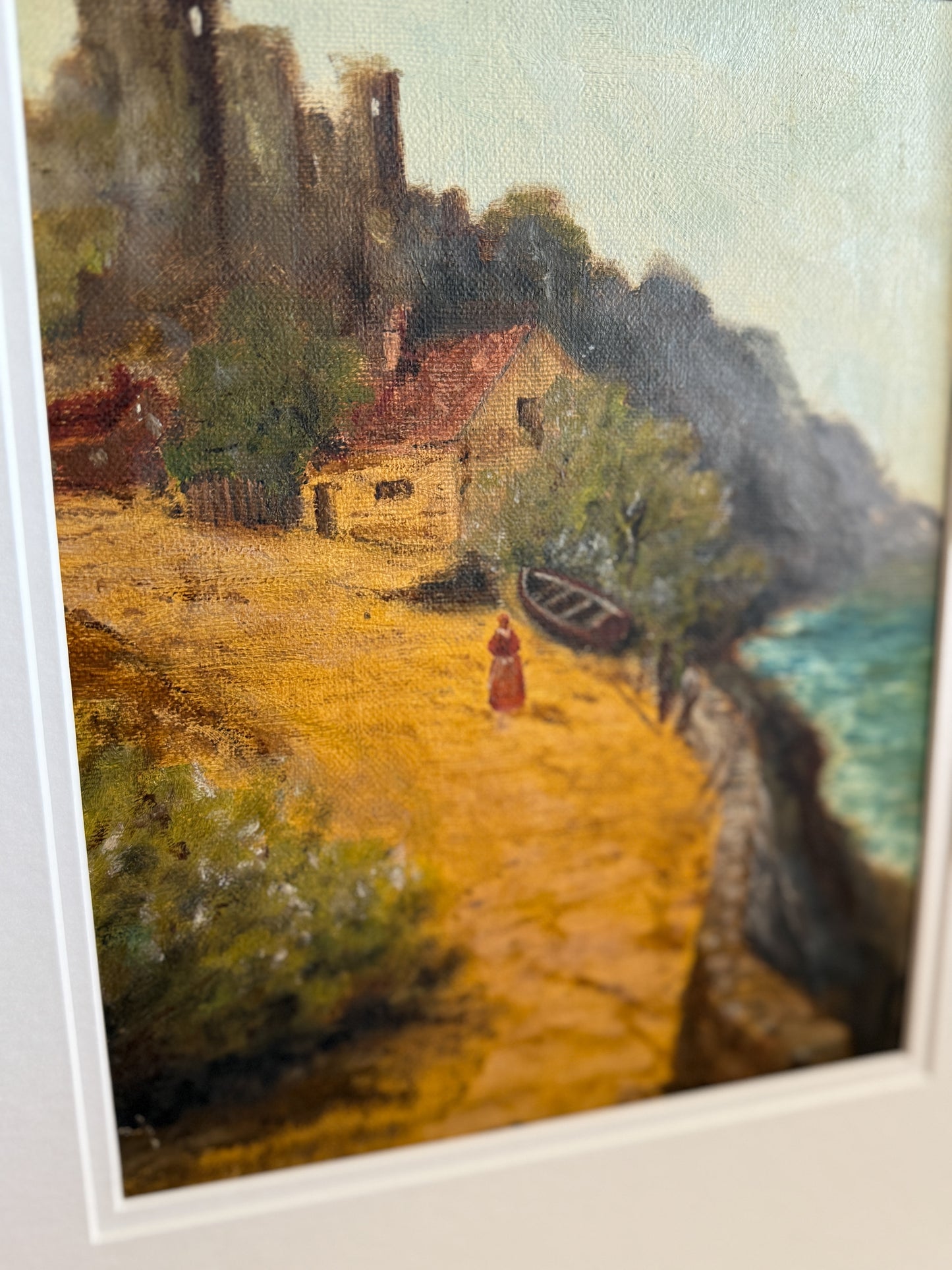 Original Antique Oil Painting on Paper, Coastal Path