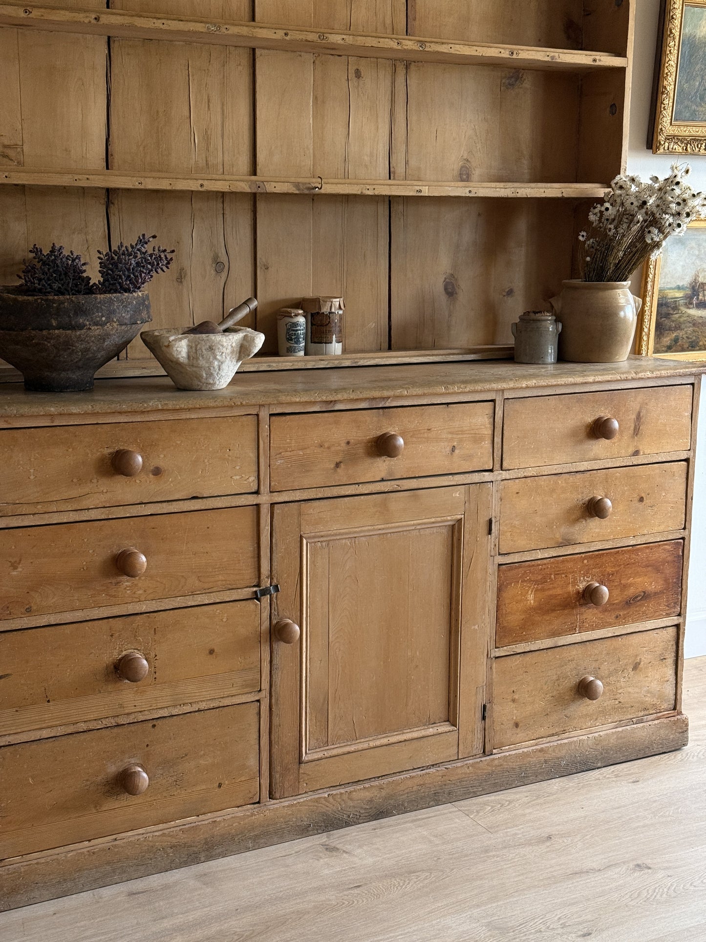 Large Antique English Pine Stepback Hutch