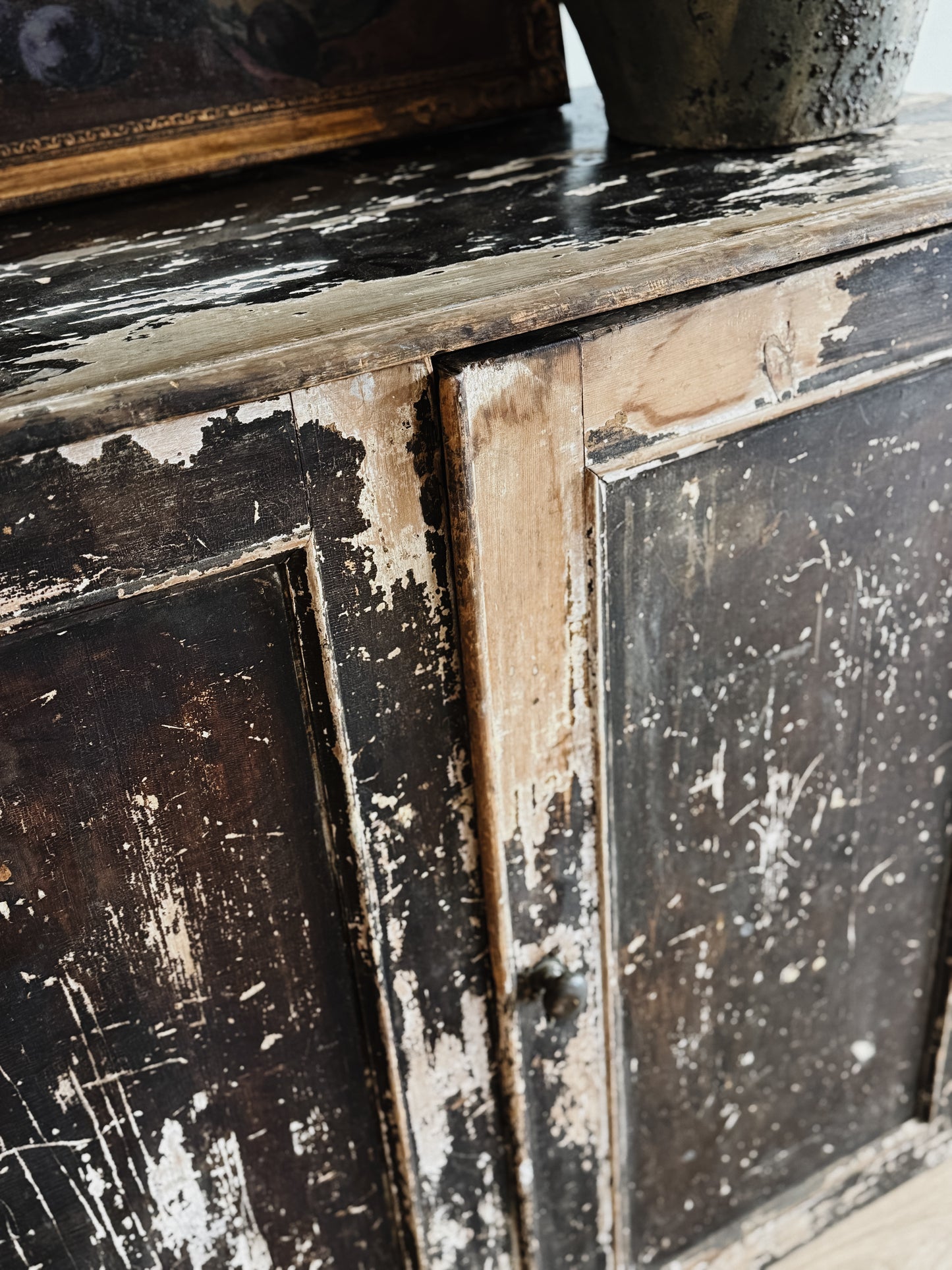Large Antique English Chippy Painted Black Pine Cupboard
