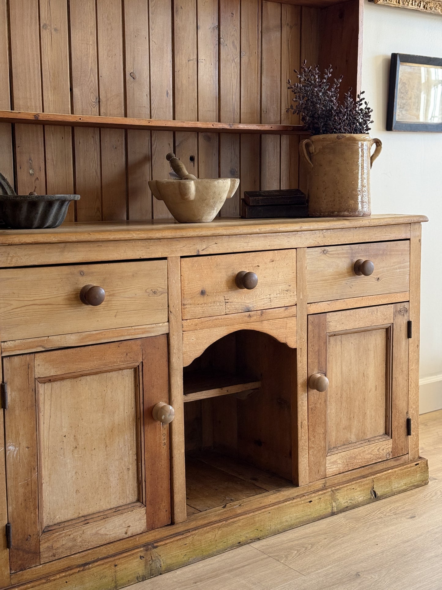 Antique English Pine Stepback Hutch with Kennel