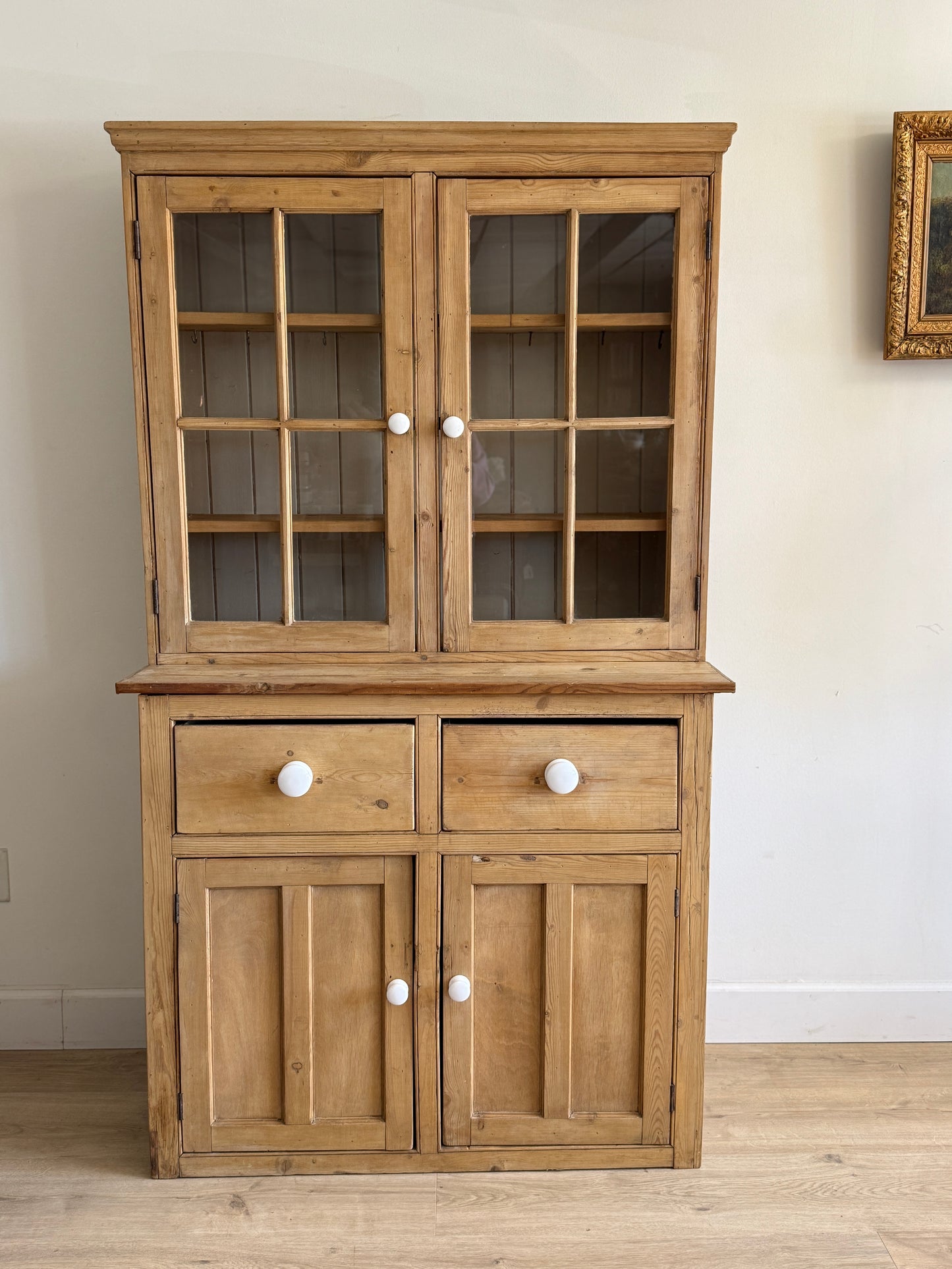 Antique English Glass Pine Hutch