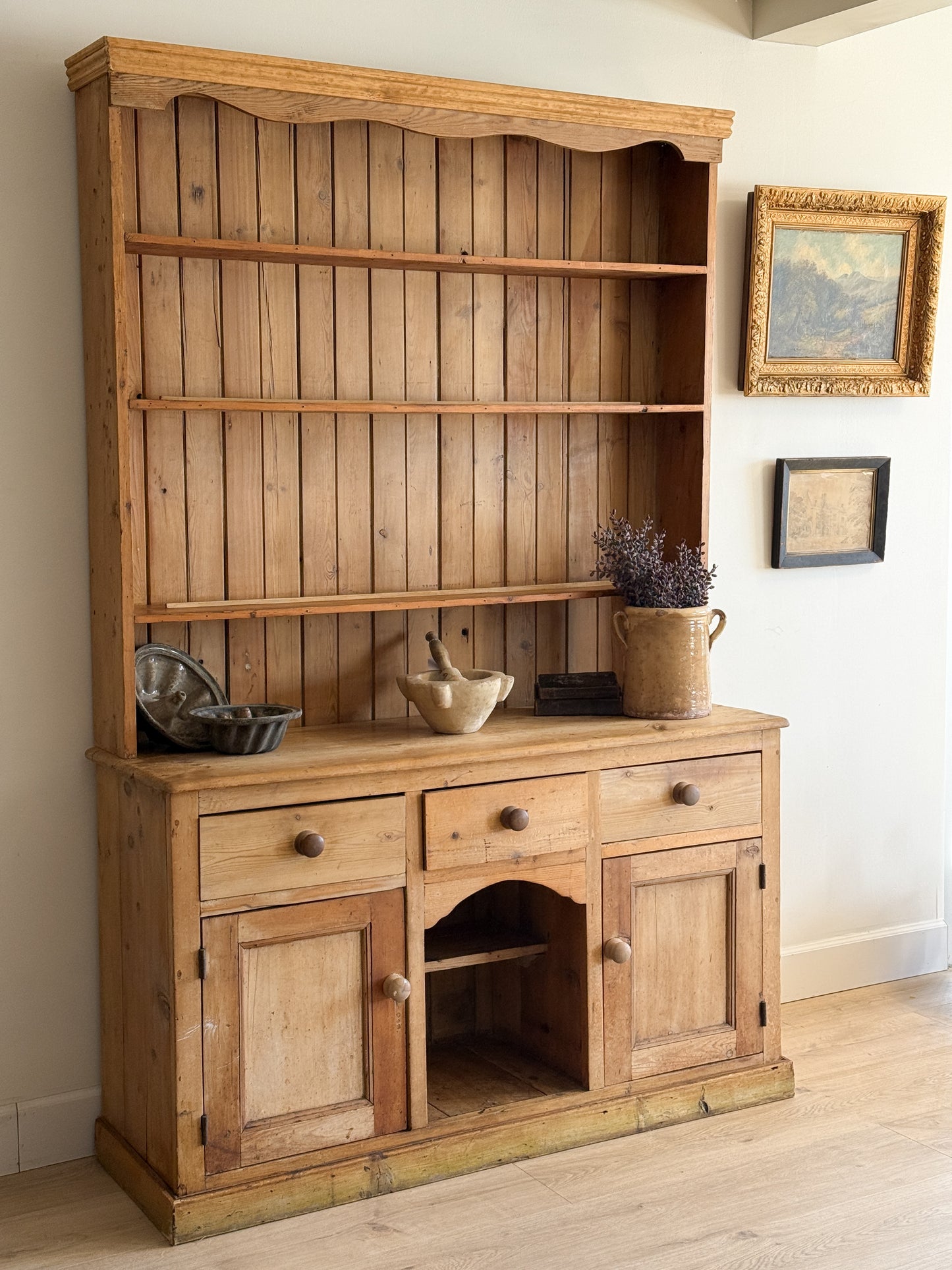 Antique English Pine Stepback Hutch with Kennel