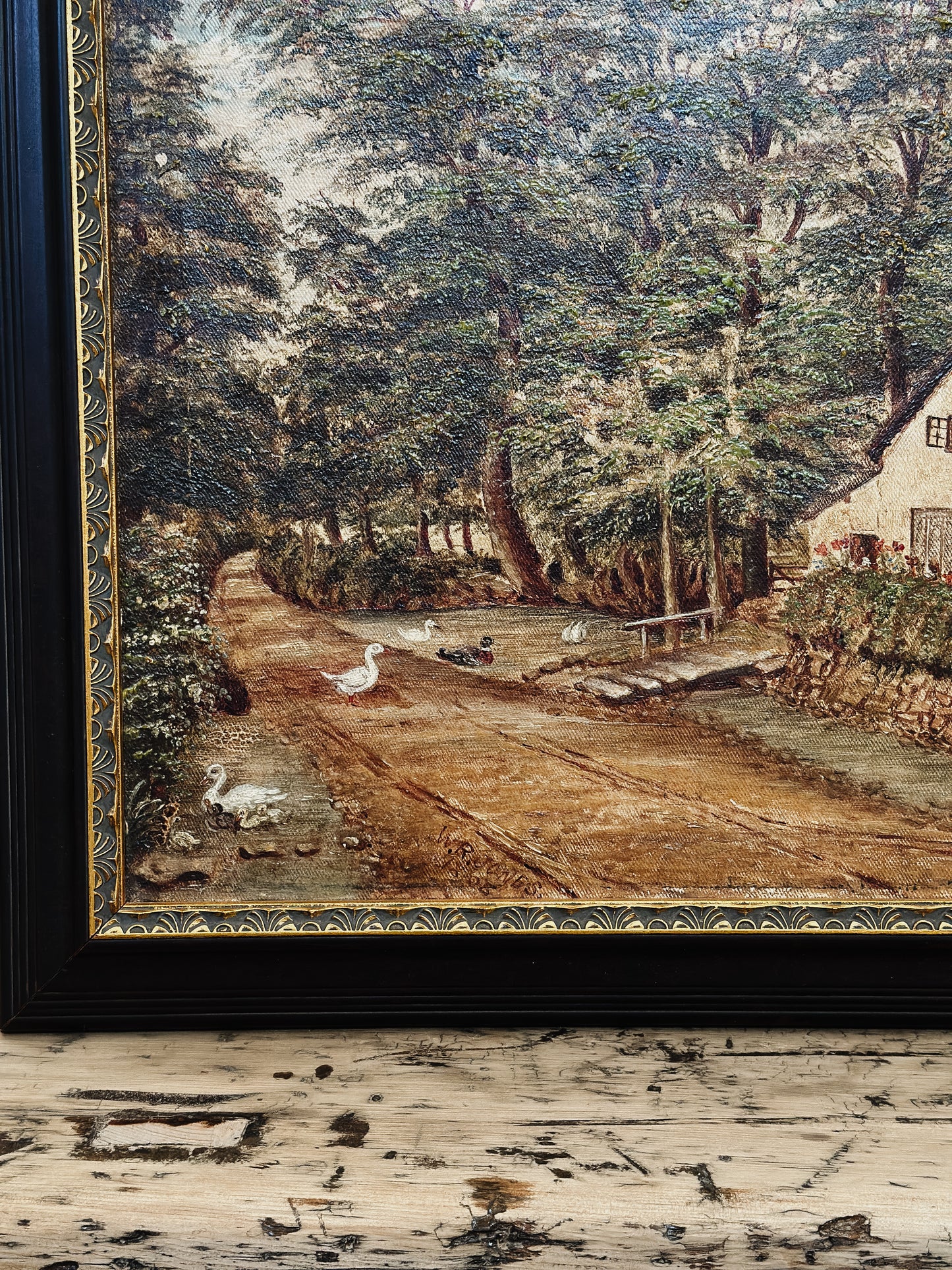 Original Antique European Oil Painting, Cottage by Stream (1898)