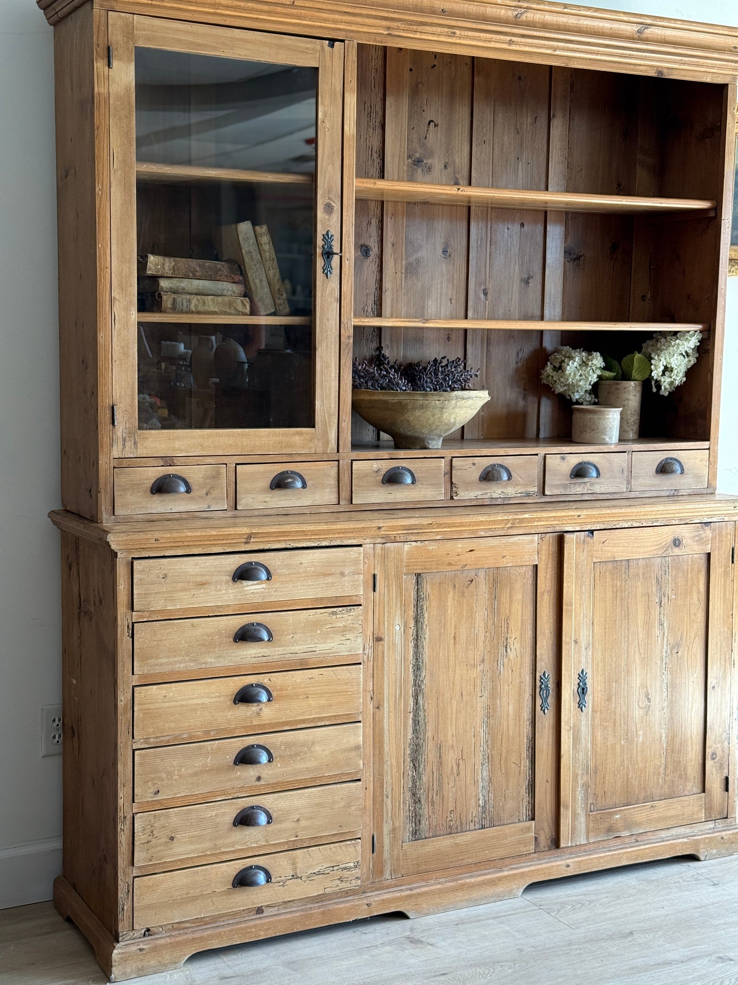 Antique English Pine Stepback Hutch