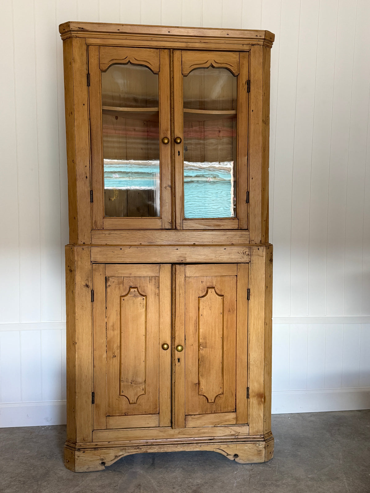 Antique English Glazed Pine Corner Cupboard