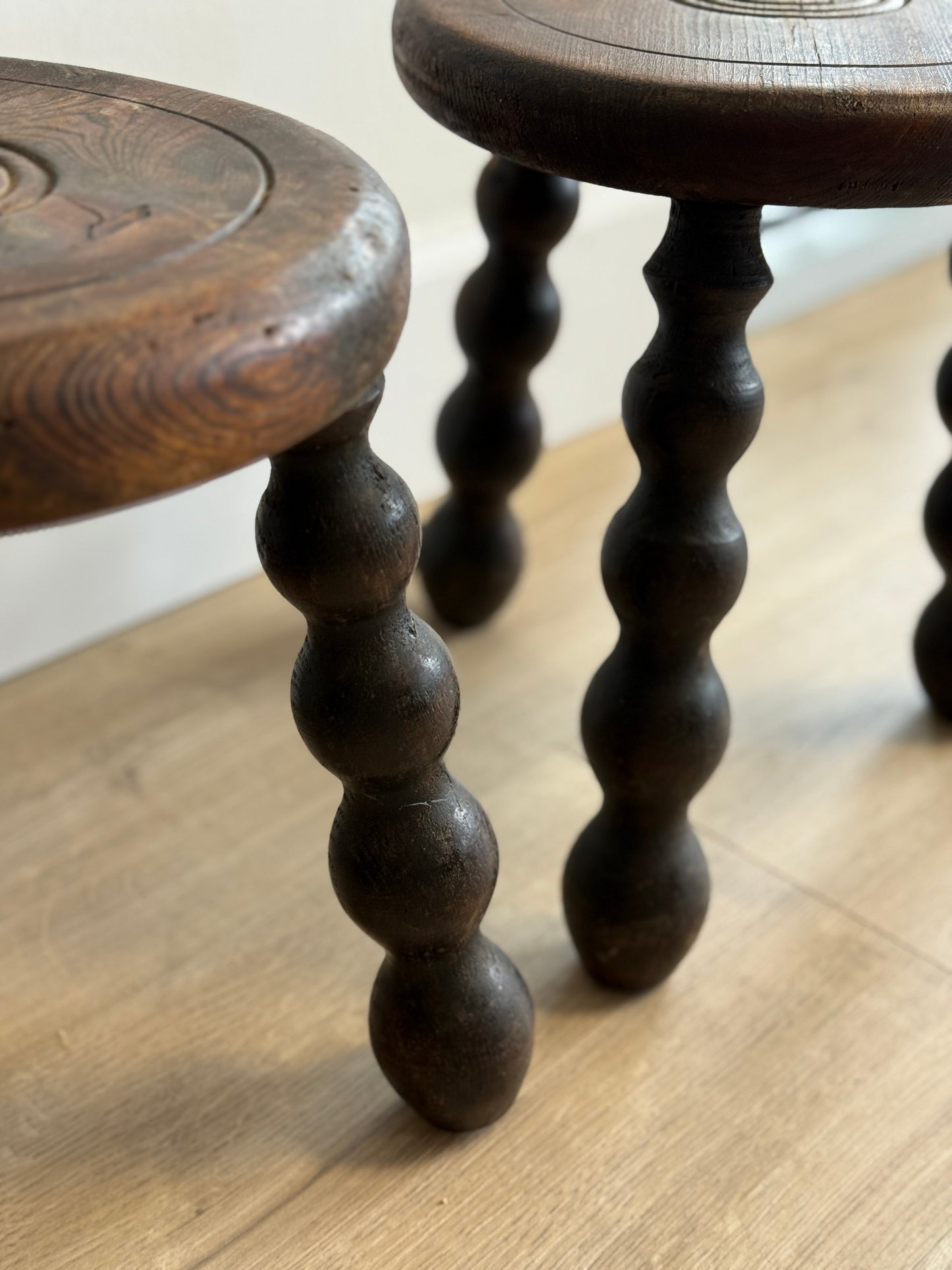 Pair of Two Vintage French Bobbin Stools, Attrib. to Dudouyt