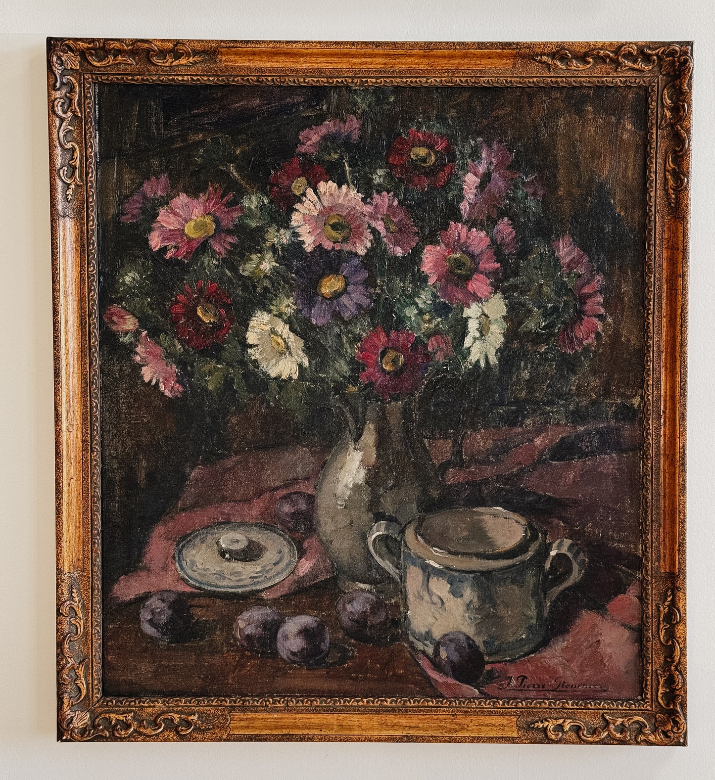 1920 Belgian Still Life Oil on Canvas Painting, Dark Florals