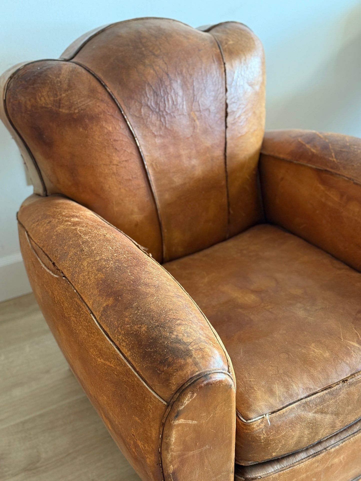Pair of Antique French Leather Moustache Chairs (c.1920's)