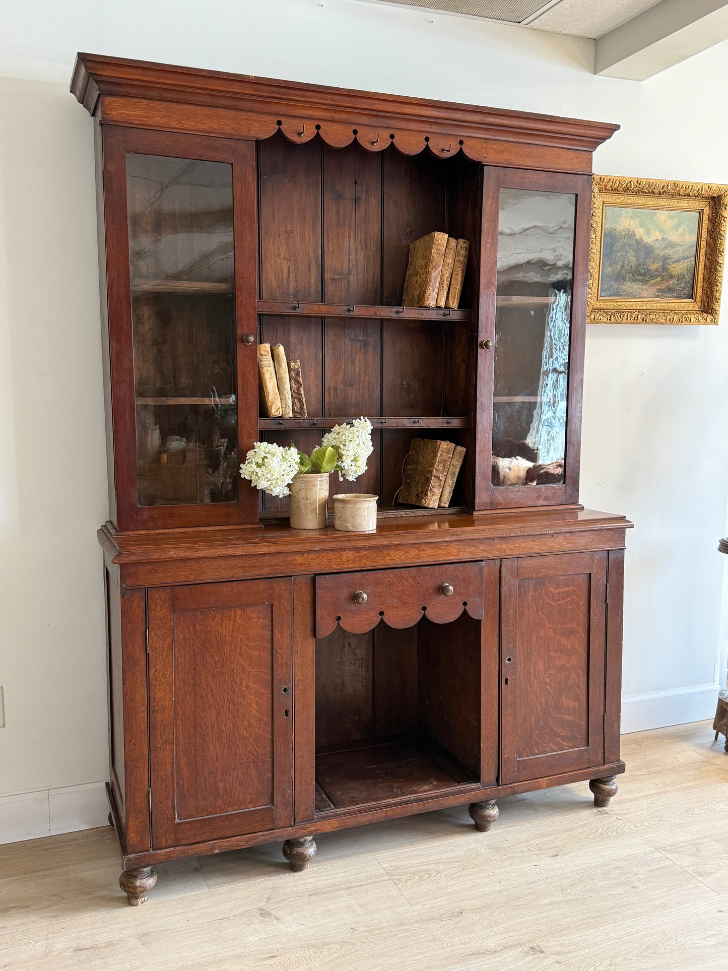 Antique English Dark Oak Scalloped Hutch