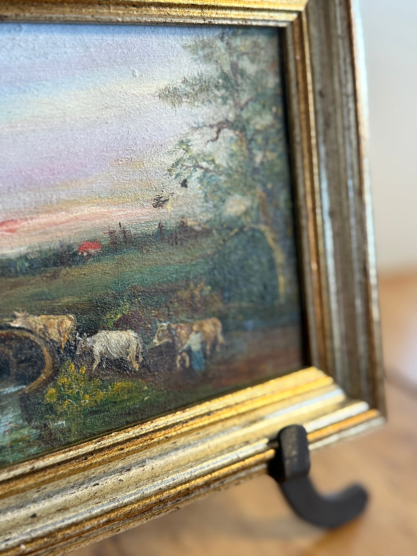 Original Antique Oil Painting, Country Cow Landscape