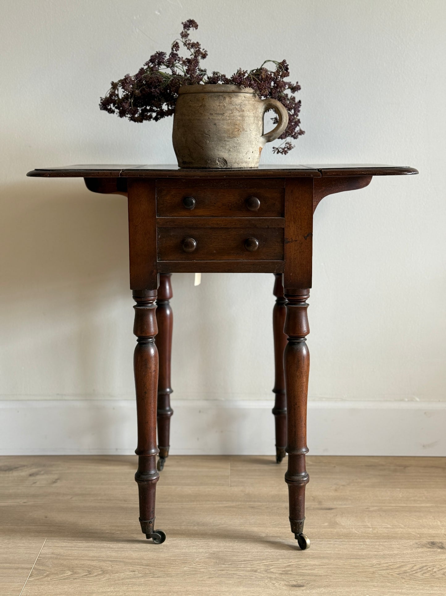Antique English Drop leaf Side Table with Two Drawers
