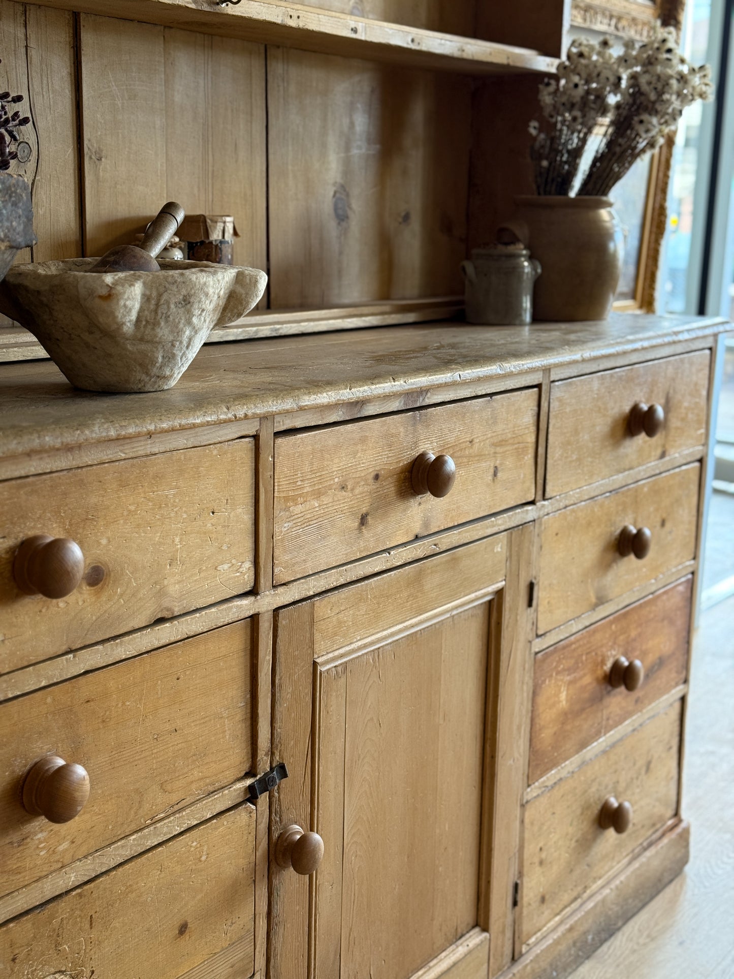 Large Antique English Pine Stepback Hutch