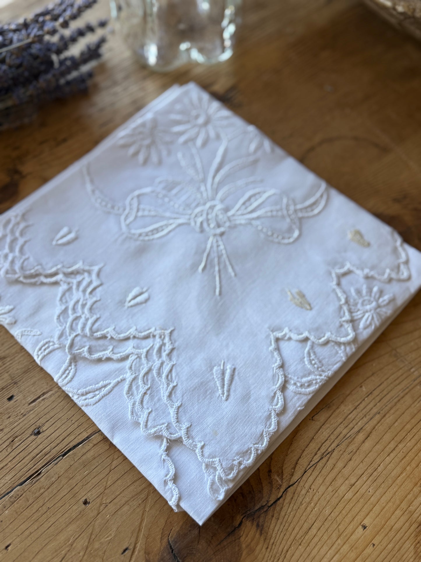 Antique Hand Embroidered Irish Scalloped Tablecloth