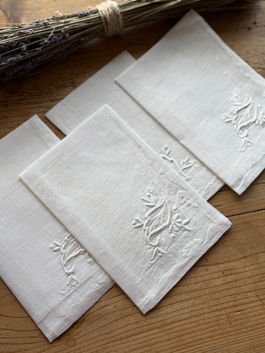 Rare Set of Four Antique Irish Appliqué Hand Embroidered Satin Stitch Napkins (1880)