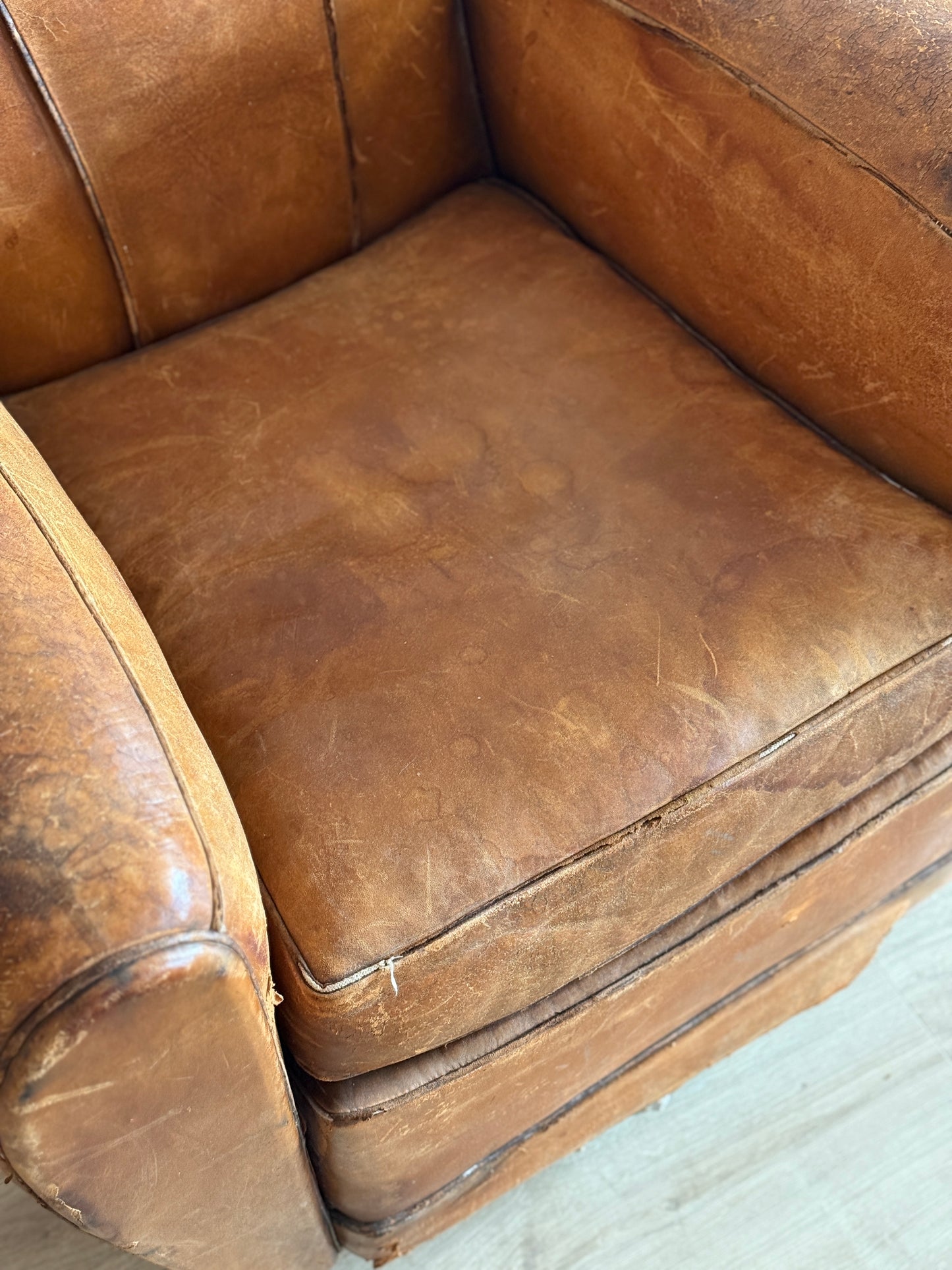 Pair of Antique French Leather Moustache Chairs (c.1920's)