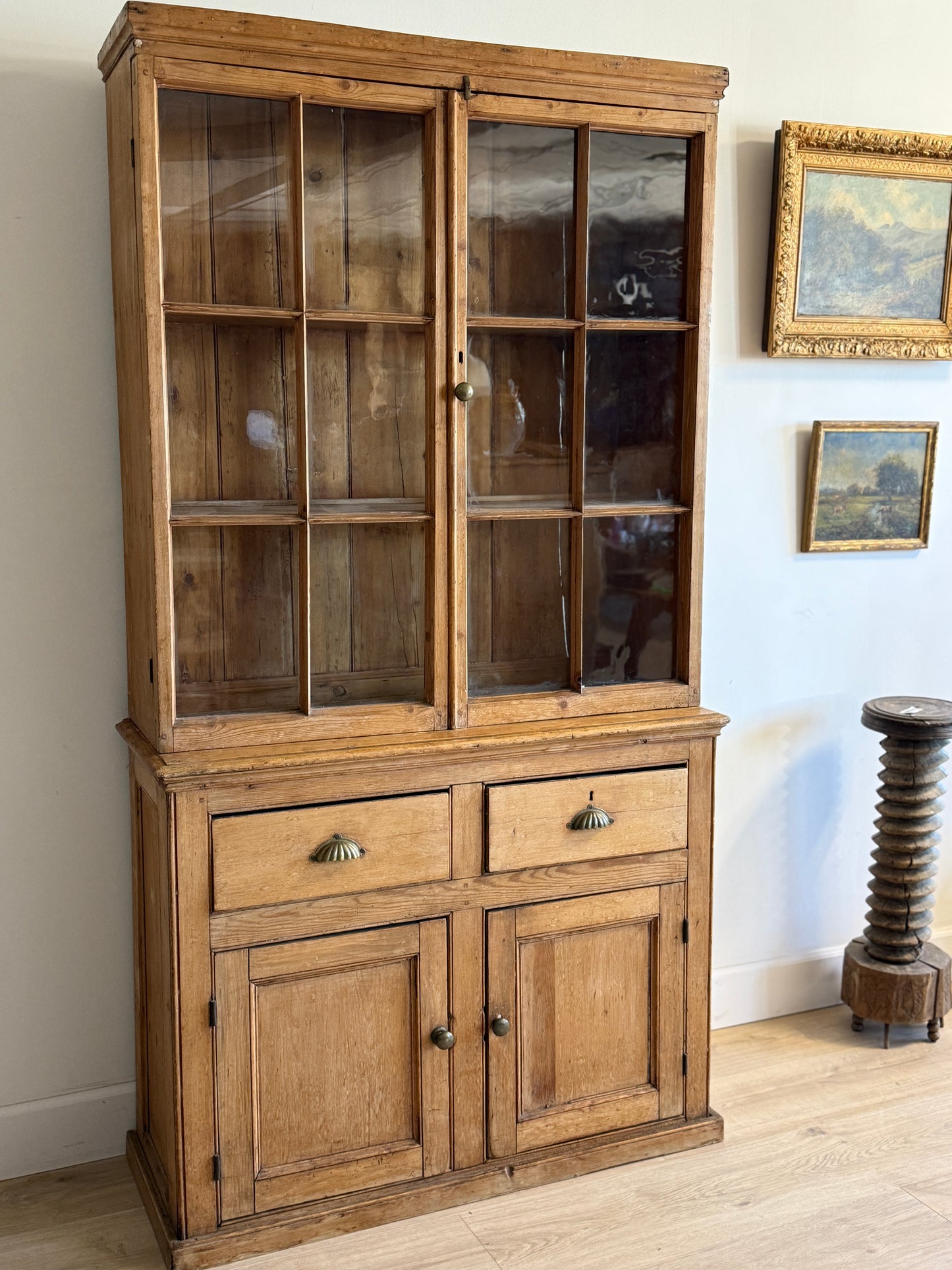 Antique English Pine Cupboard with Glass Upper