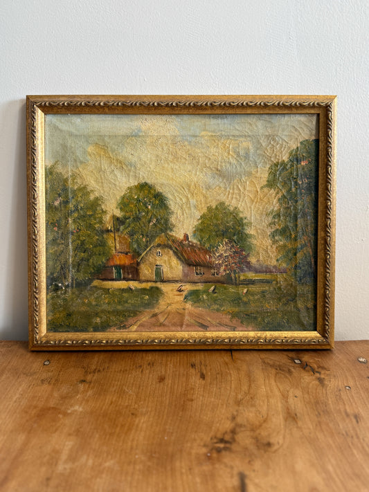 Original Antique Dutch Oil Painting, Country Home