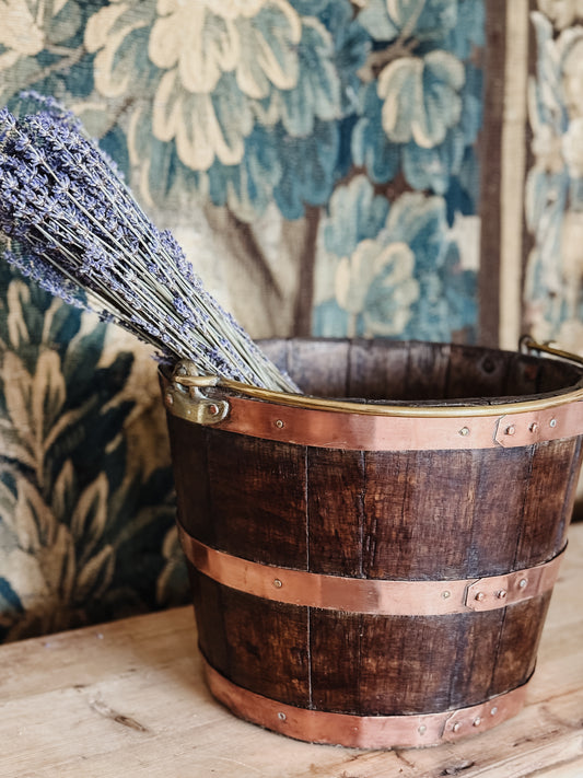 Rare Antique English Oak Pail with Brass Handle and Copper Banding