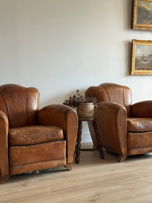 Pair of Antique French Leather Moustache Chairs (c.1920's)