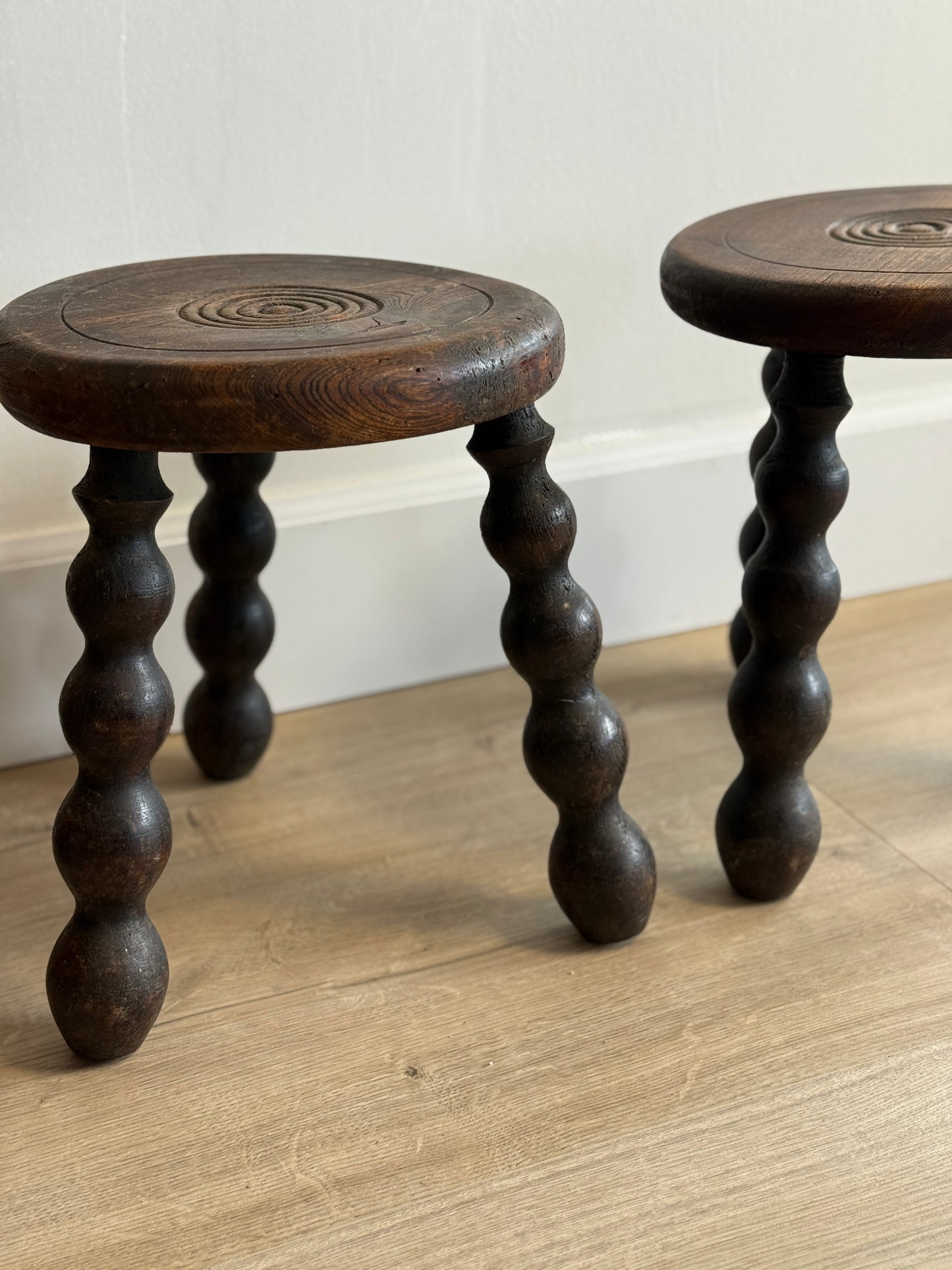 Pair of Two Vintage French Bobbin Stools, Attrib. to Dudouyt