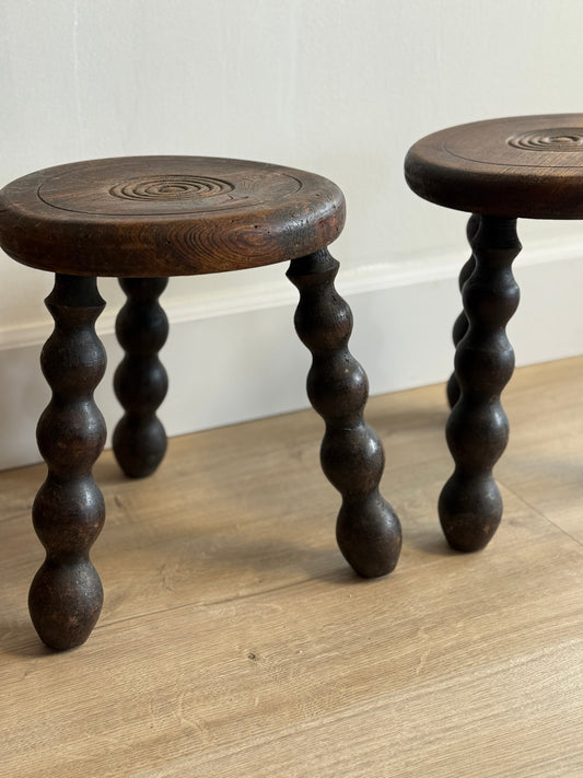 Pair of Two Vintage French Bobbin Stools, Attrib. to Dudouyt