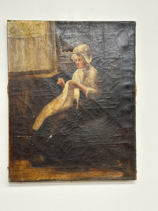 Original Antique Oil Painting on Canvas, Primitive Portrait by Nore