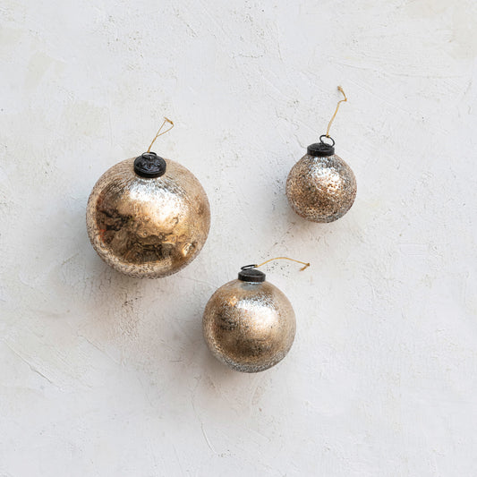 Recycled Seeded Glass Ball Ornament, Antique Gold Finish