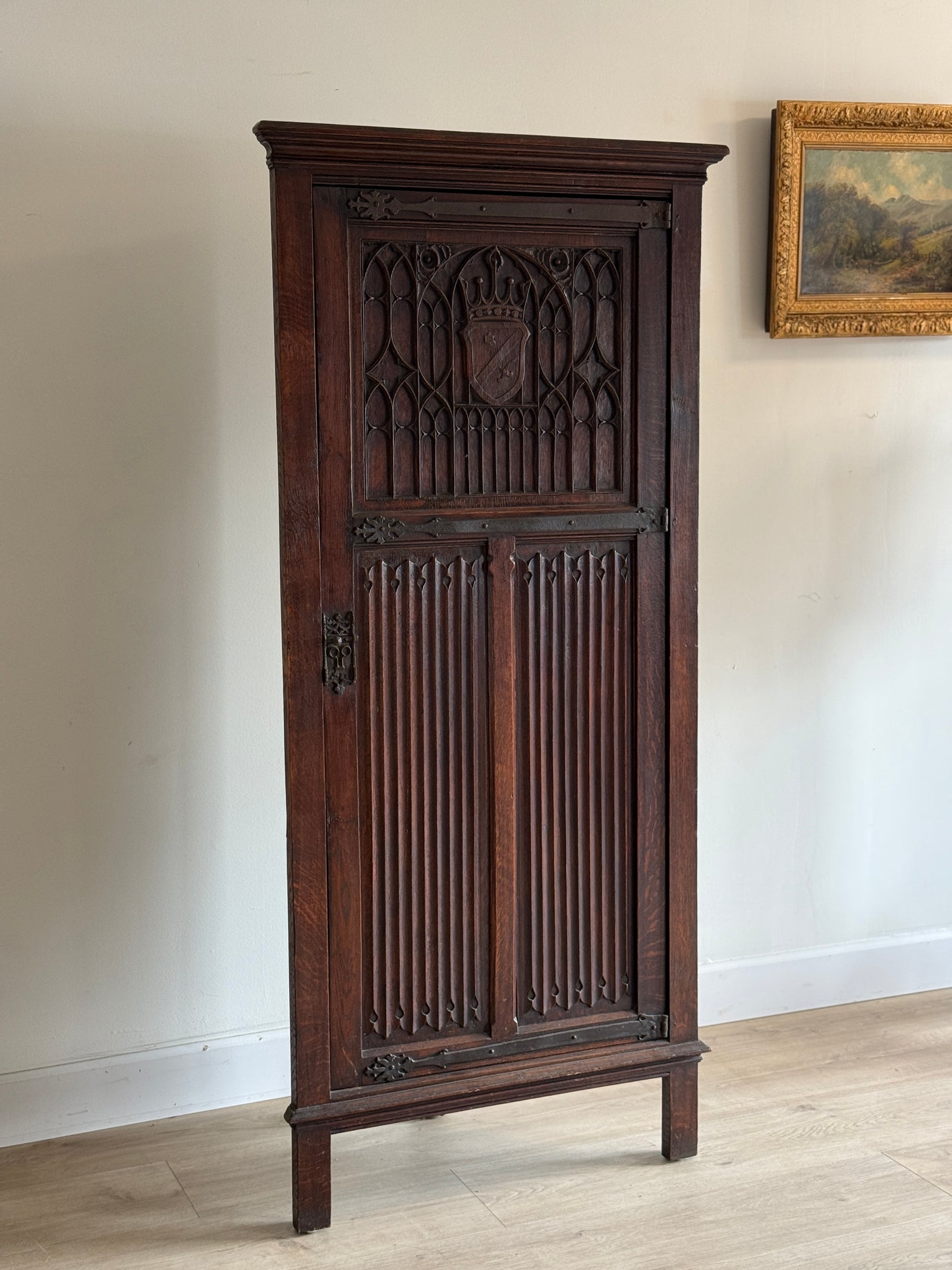 Antique Gothic English Oak Corner Cabinet
