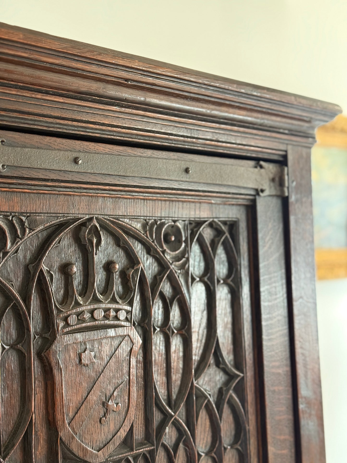Antique Gothic English Oak Corner Cabinet