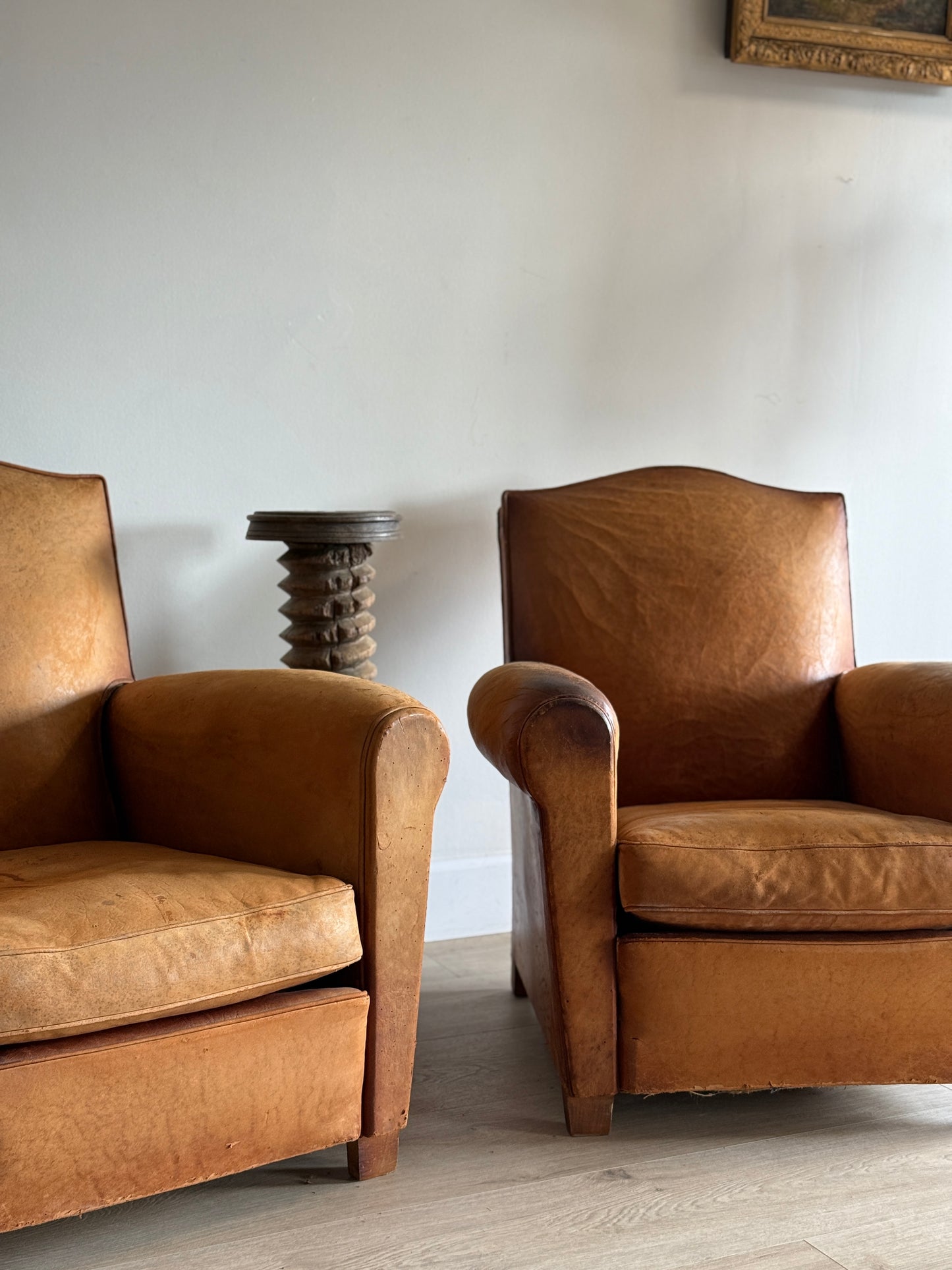 Antique Pair of French Leather Moustache Chairs