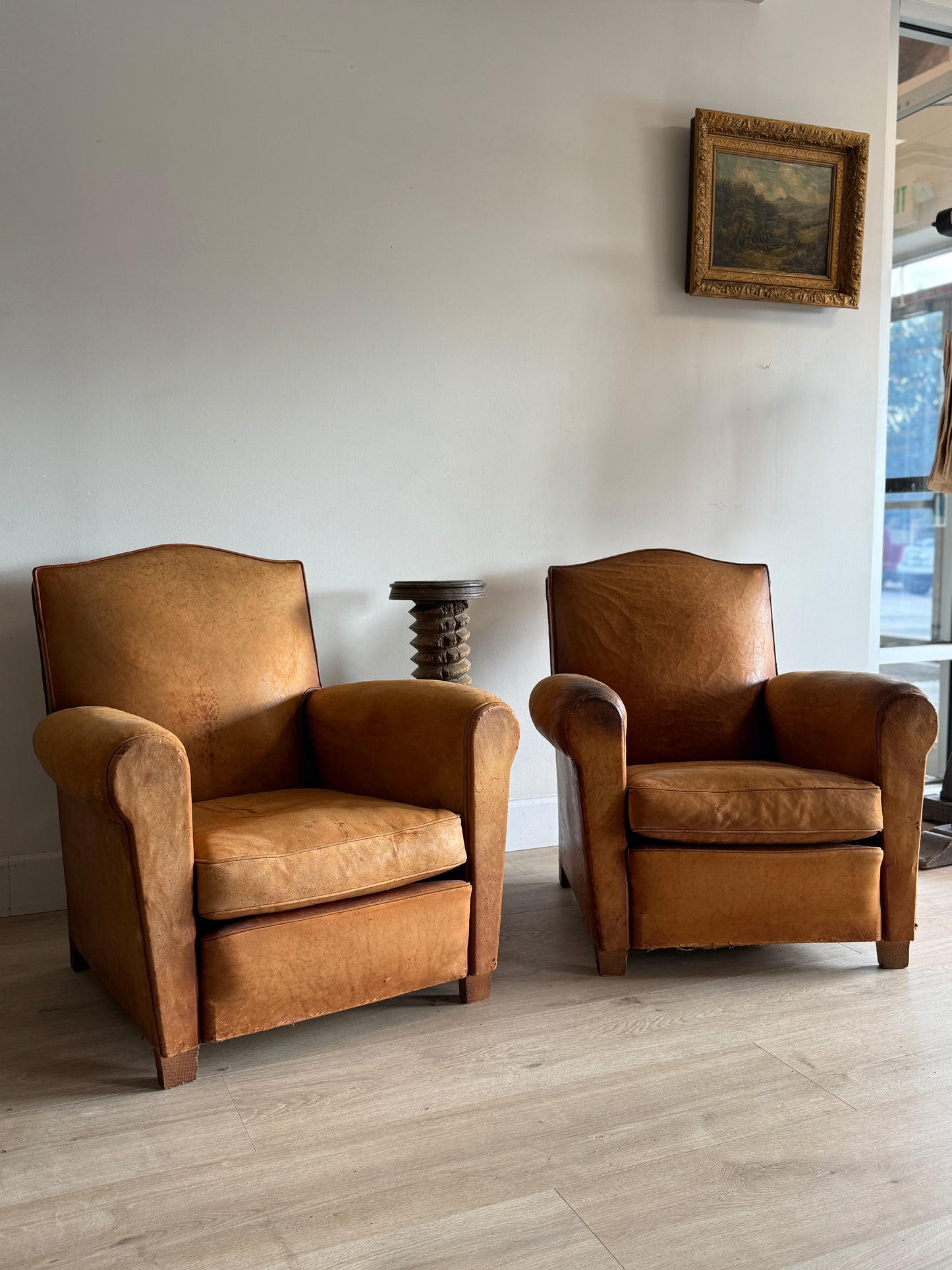 Antique Pair of French Leather Moustache Chairs