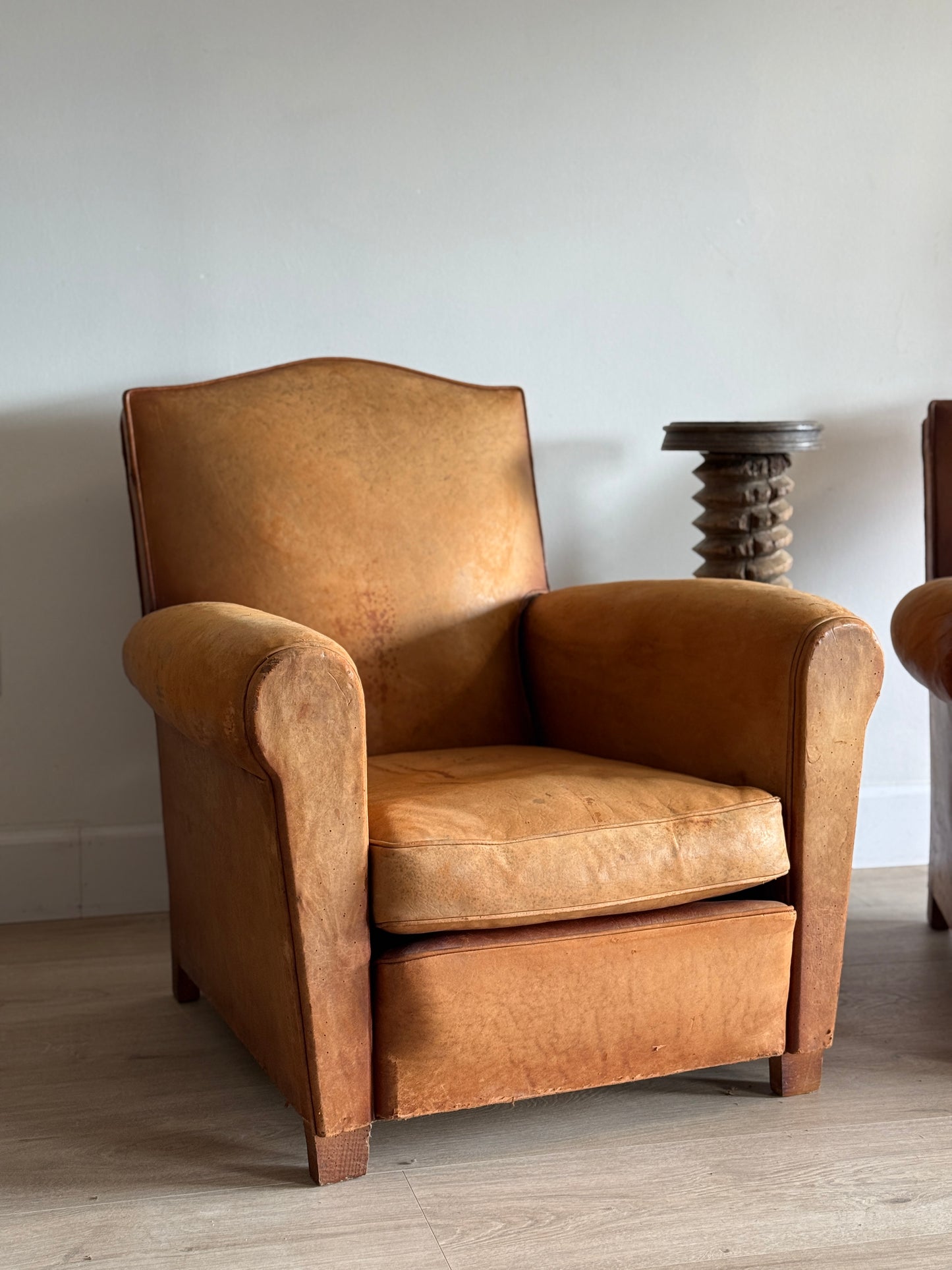 Antique Pair of French Leather Moustache Chairs