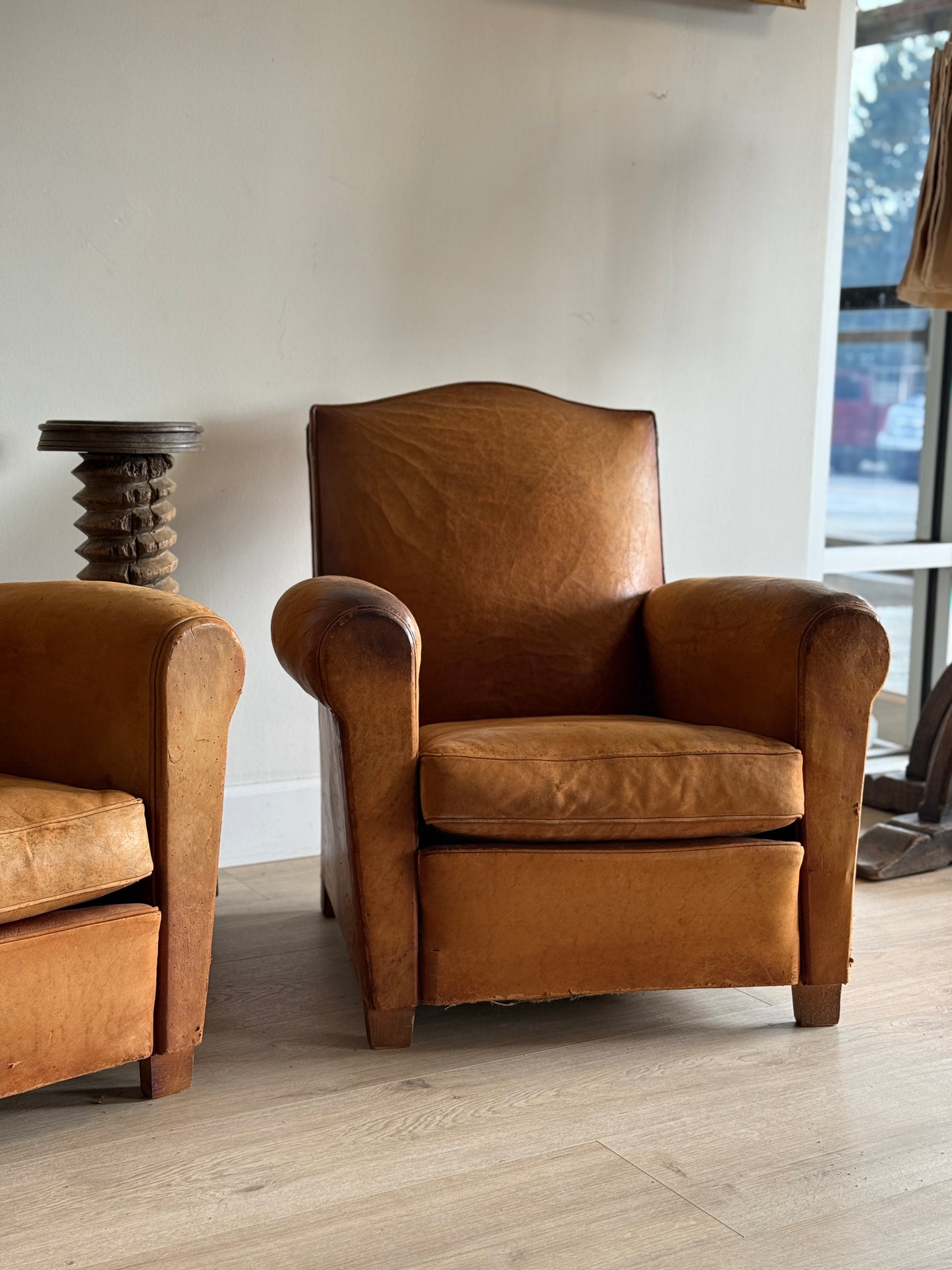 Antique Pair of French Leather Moustache Chairs