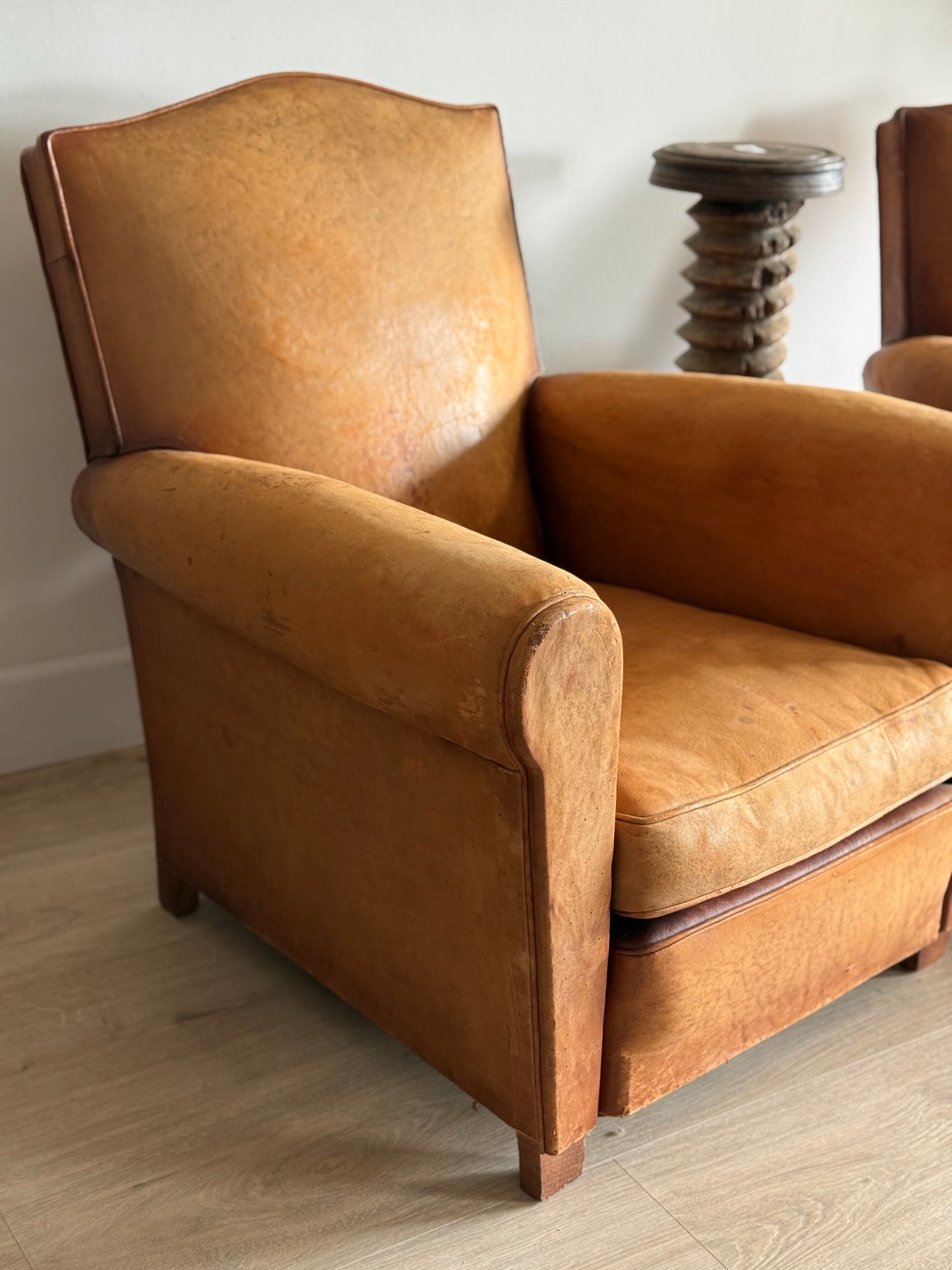Antique Pair of French Leather Moustache Chairs