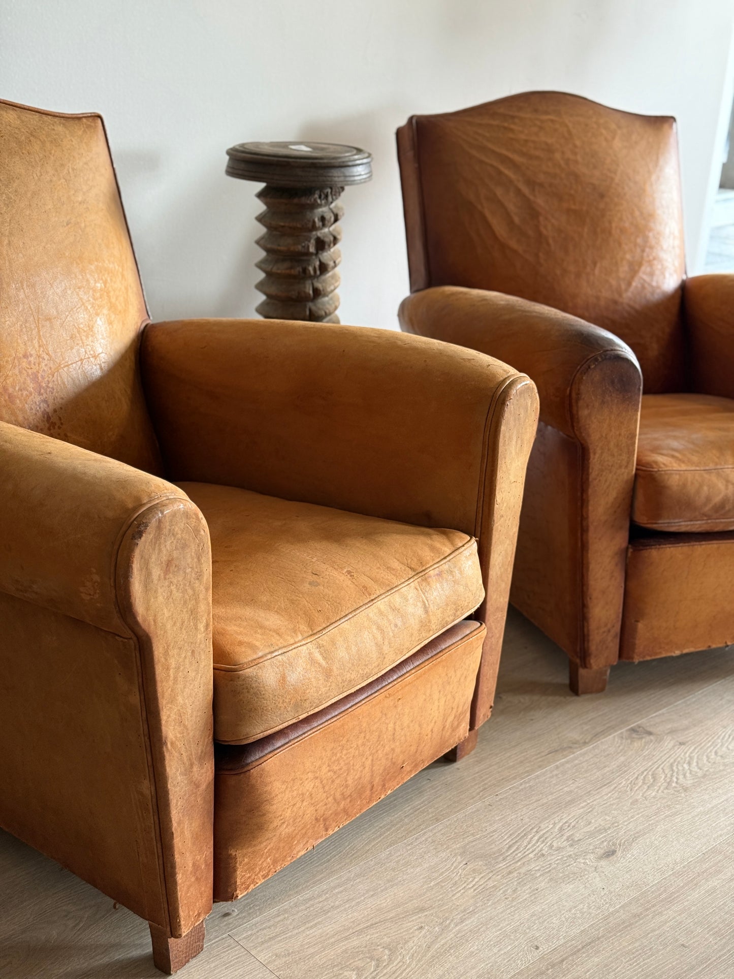 Antique Pair of French Leather Moustache Chairs