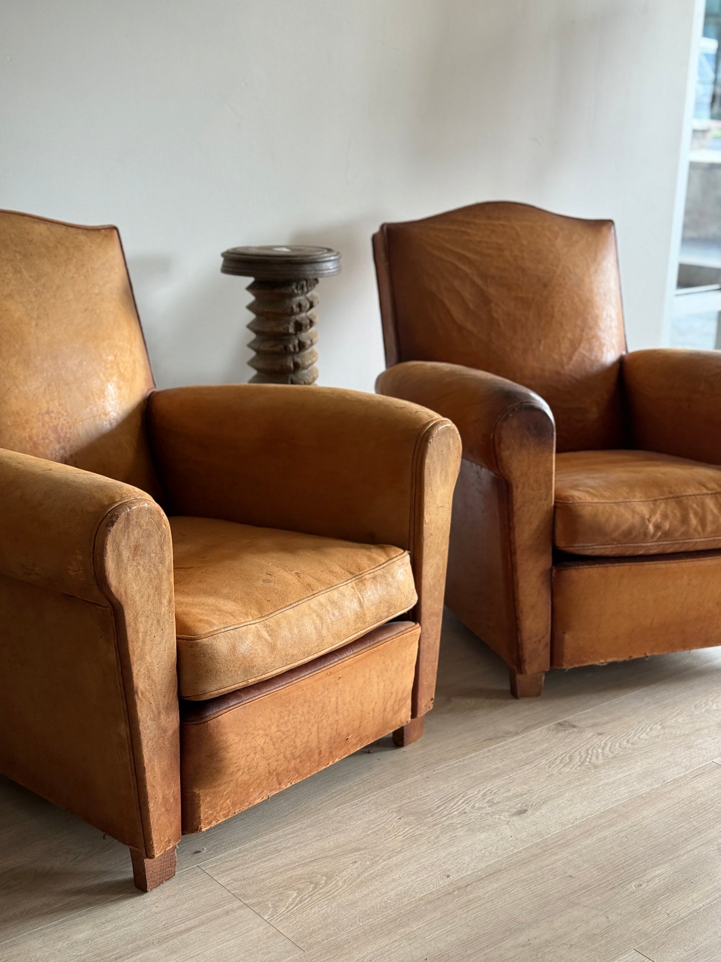 Antique Pair of French Leather Moustache Chairs