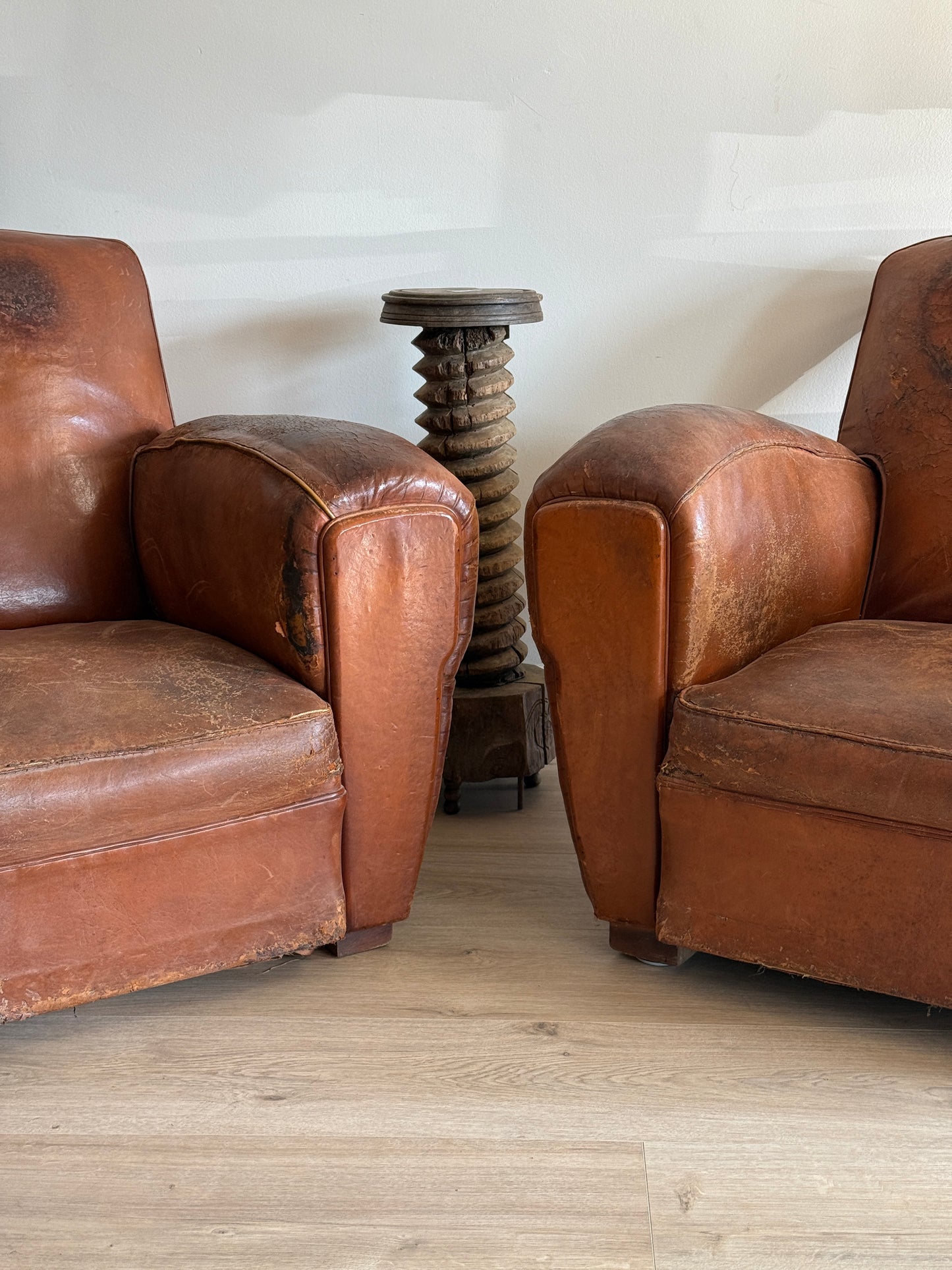 Pair of Two Antique Oversized French Leather Club Chairs