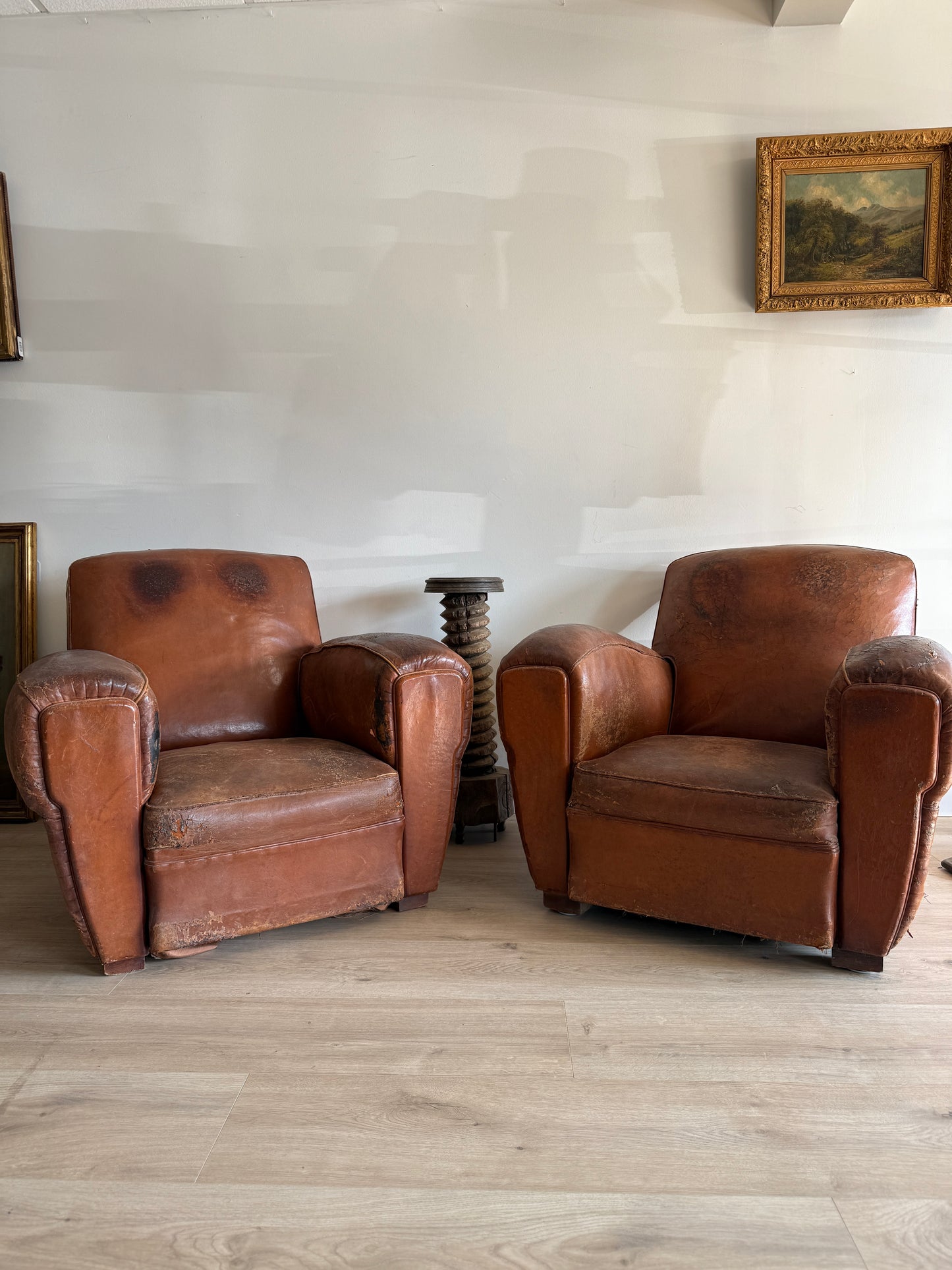 Pair of Two Antique Oversized French Leather Club Chairs