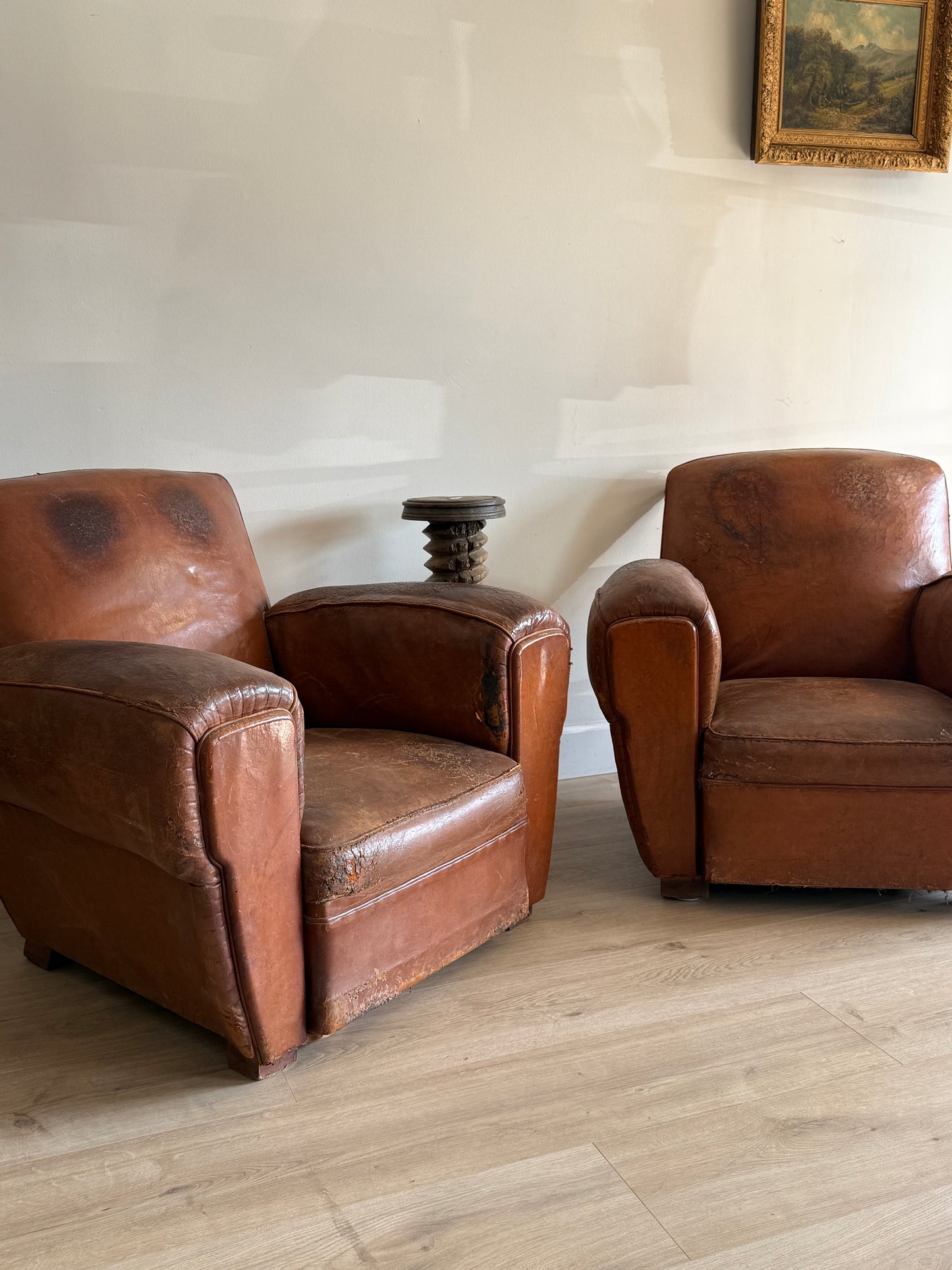 Pair of Two Antique Oversized French Leather Club Chairs