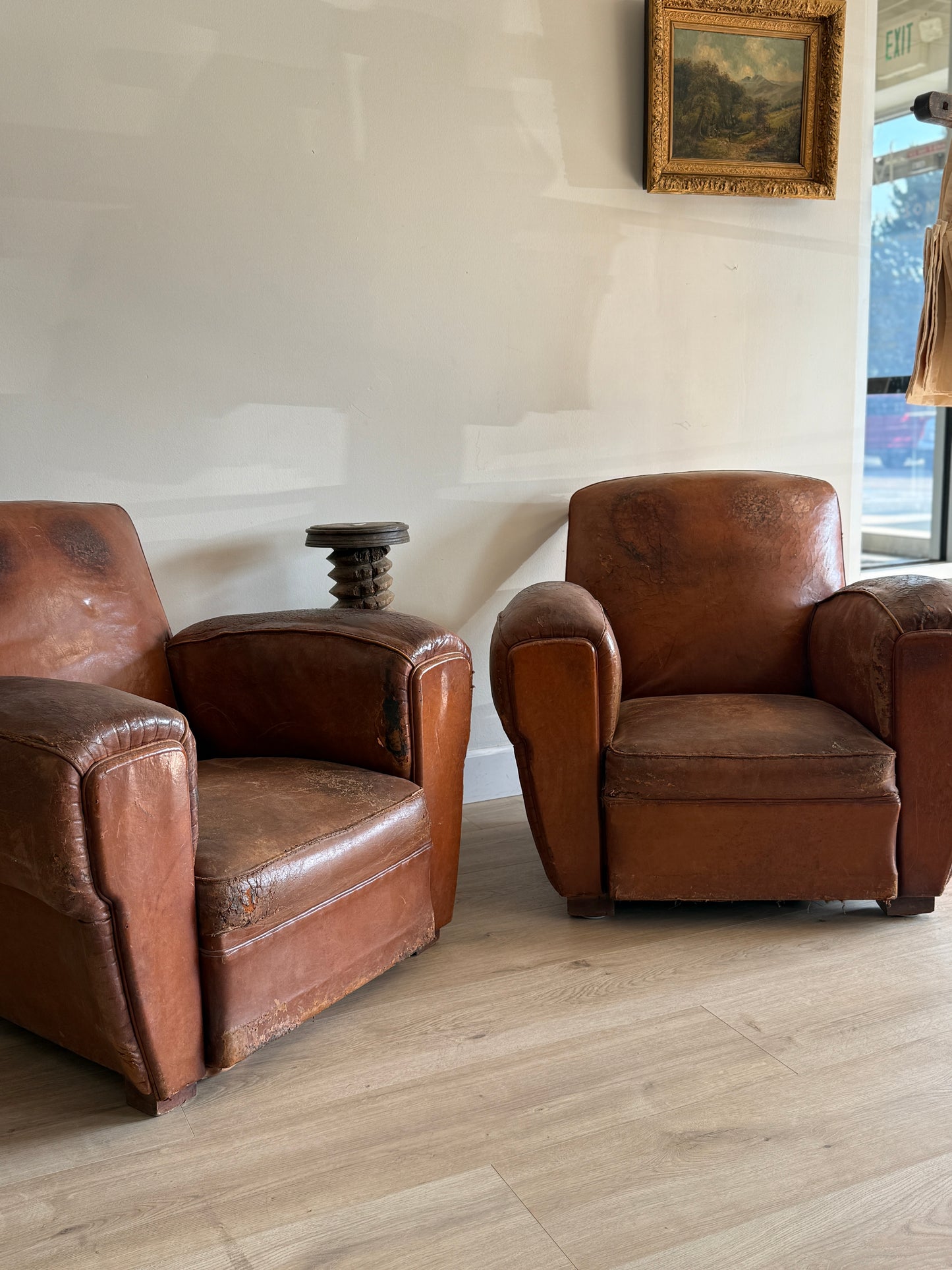 Pair of Two Antique Oversized French Leather Club Chairs