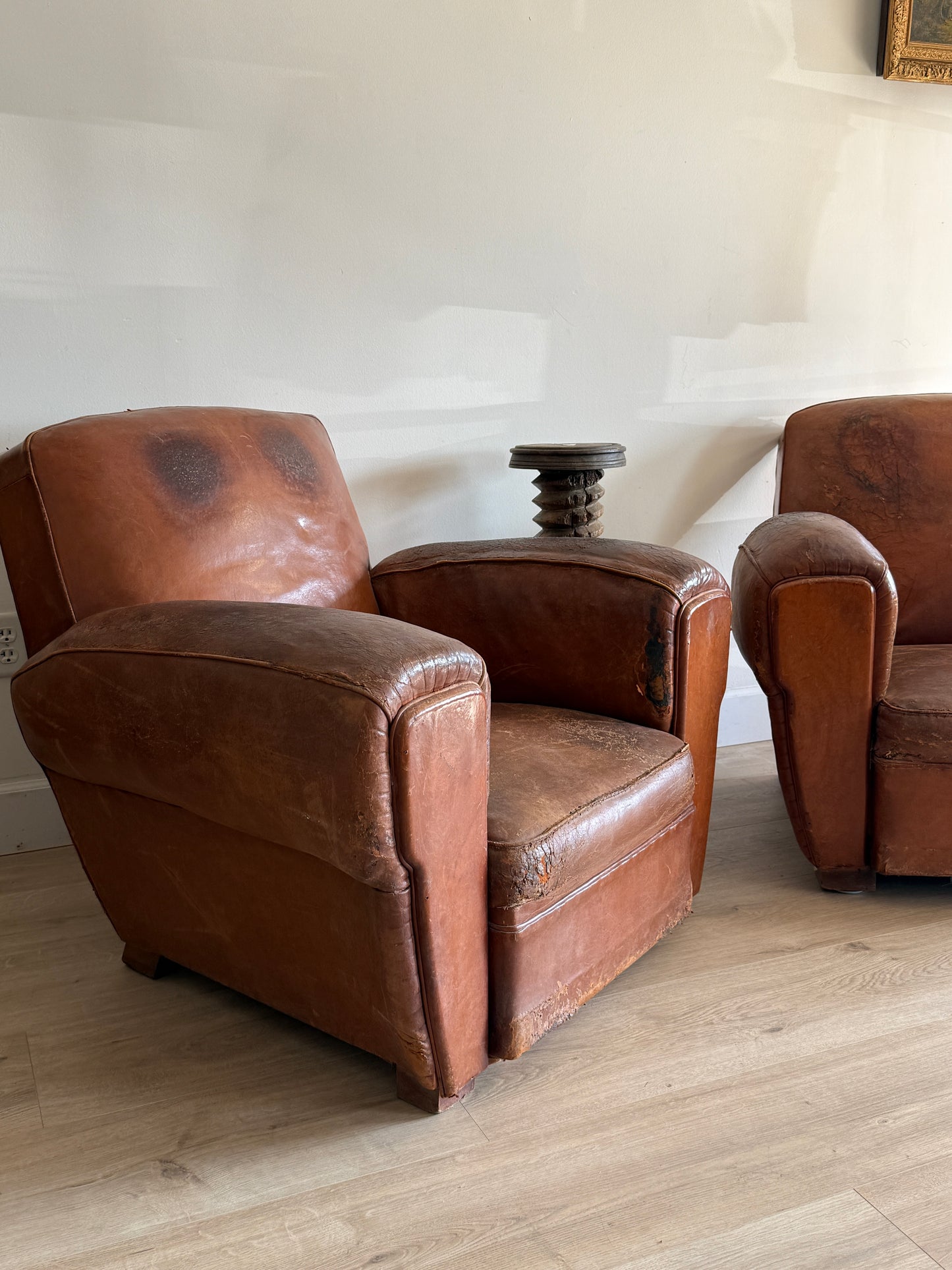 Pair of Two Antique Oversized French Leather Club Chairs