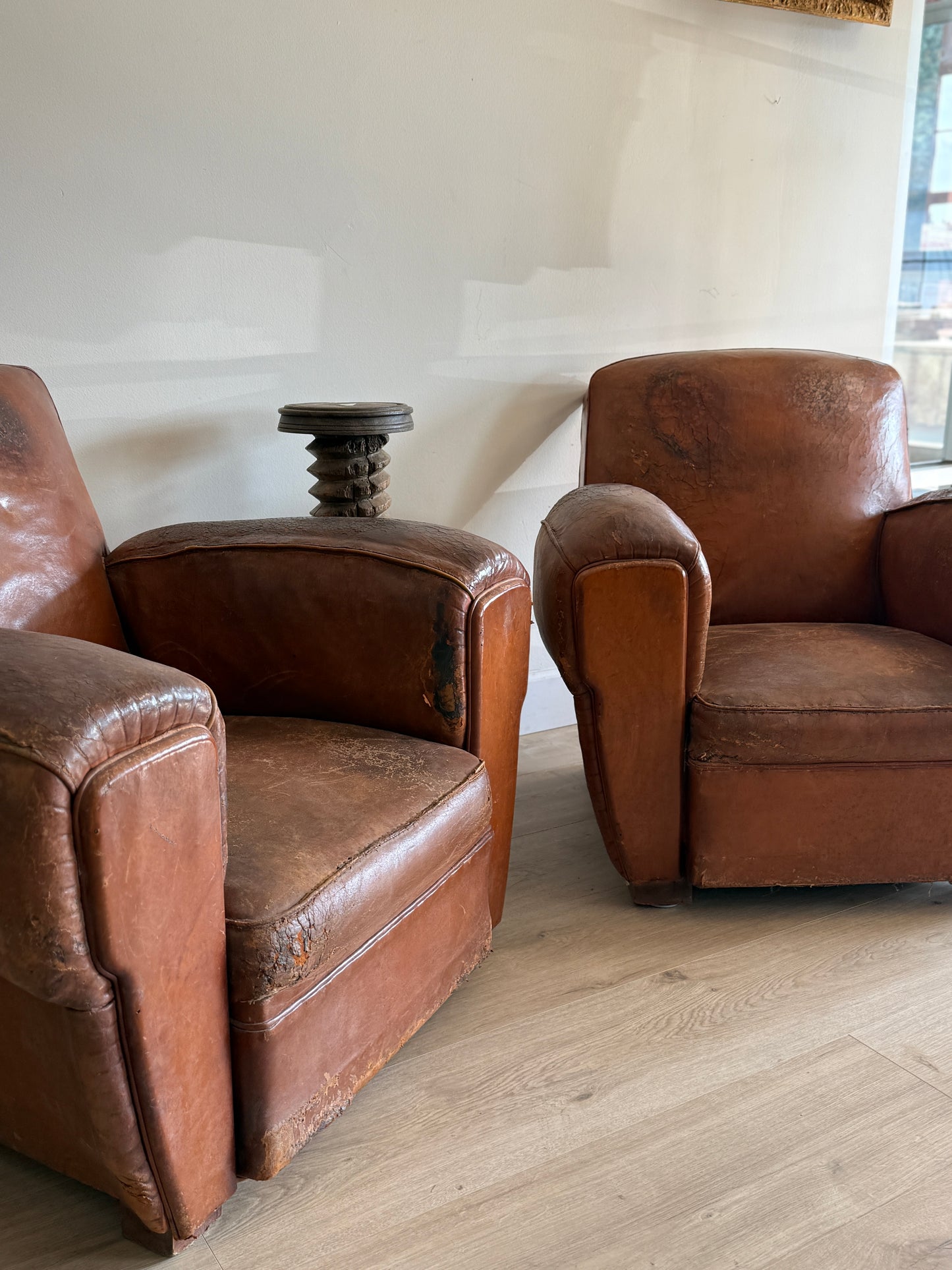 Pair of Two Antique Oversized French Leather Club Chairs