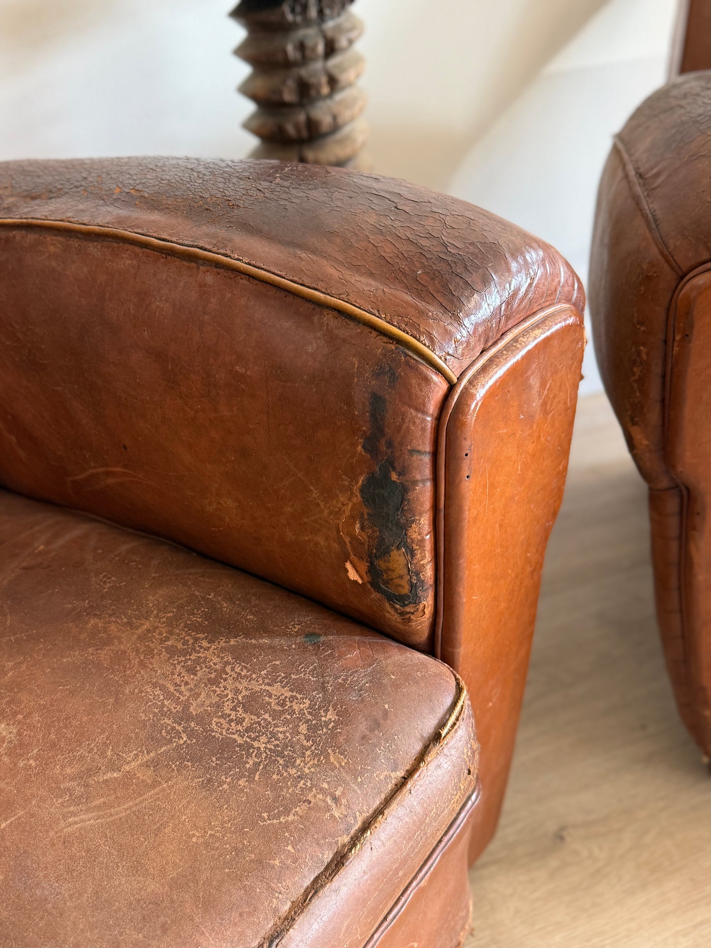 Pair of Two Antique Oversized French Leather Club Chairs