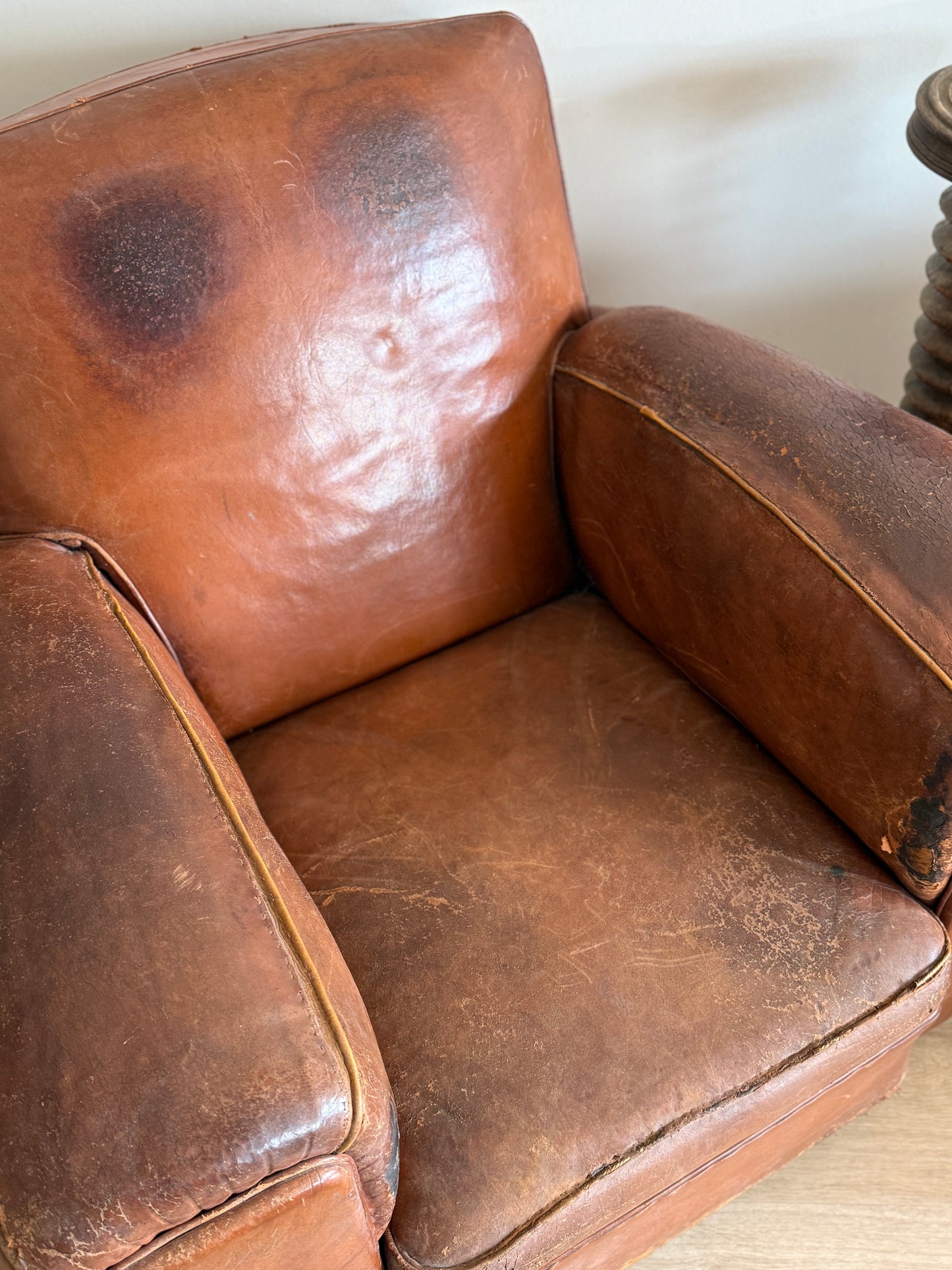 Pair of Two Antique Oversized French Leather Club Chairs