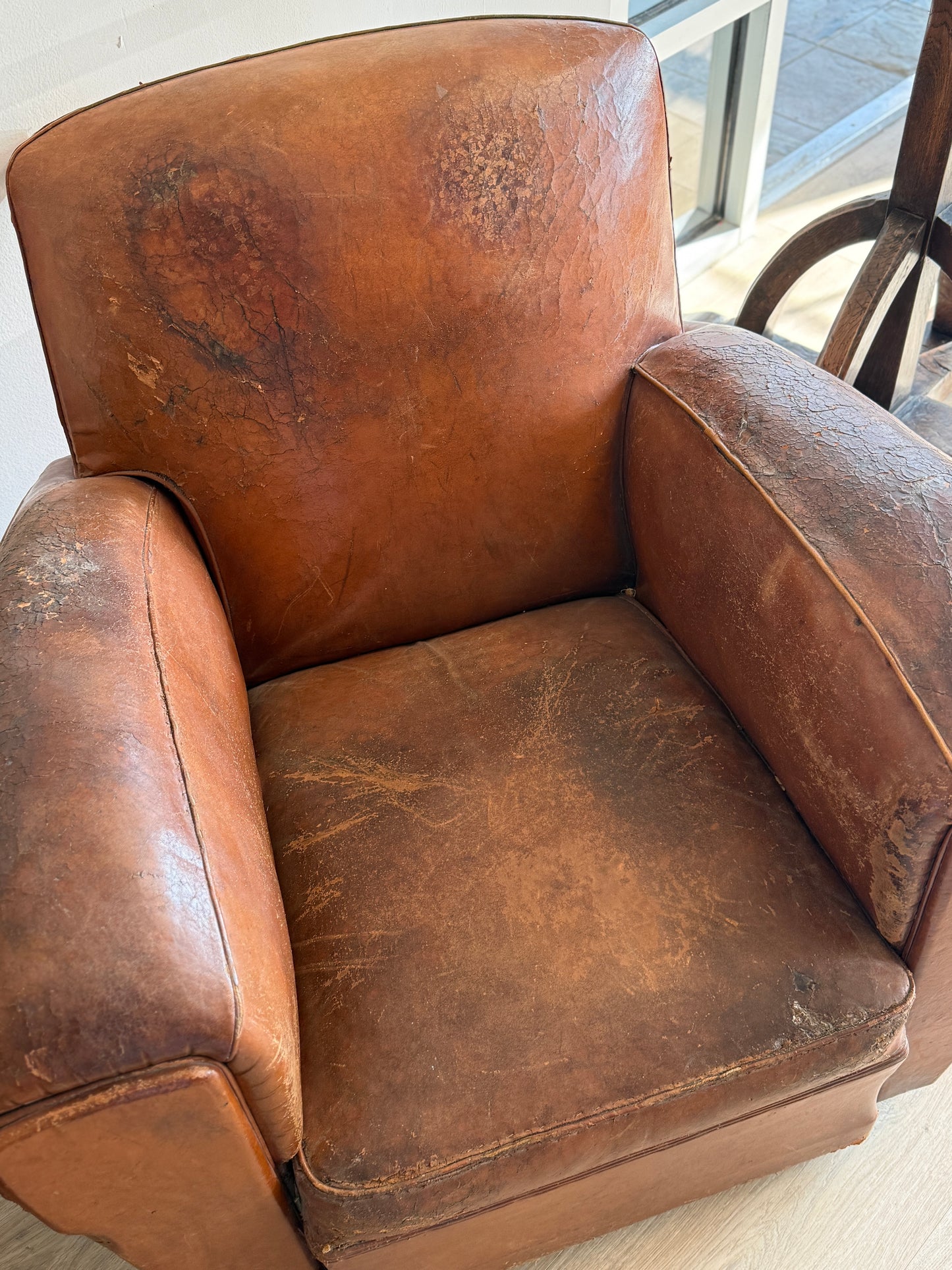 Pair of Two Antique Oversized French Leather Club Chairs