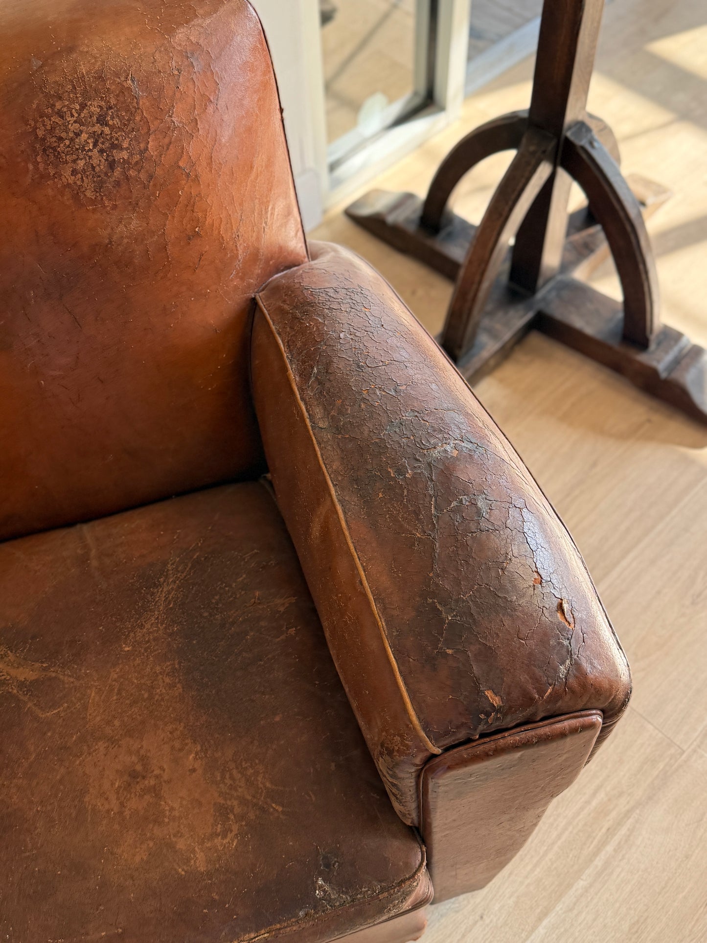 Pair of Two Antique Oversized French Leather Club Chairs