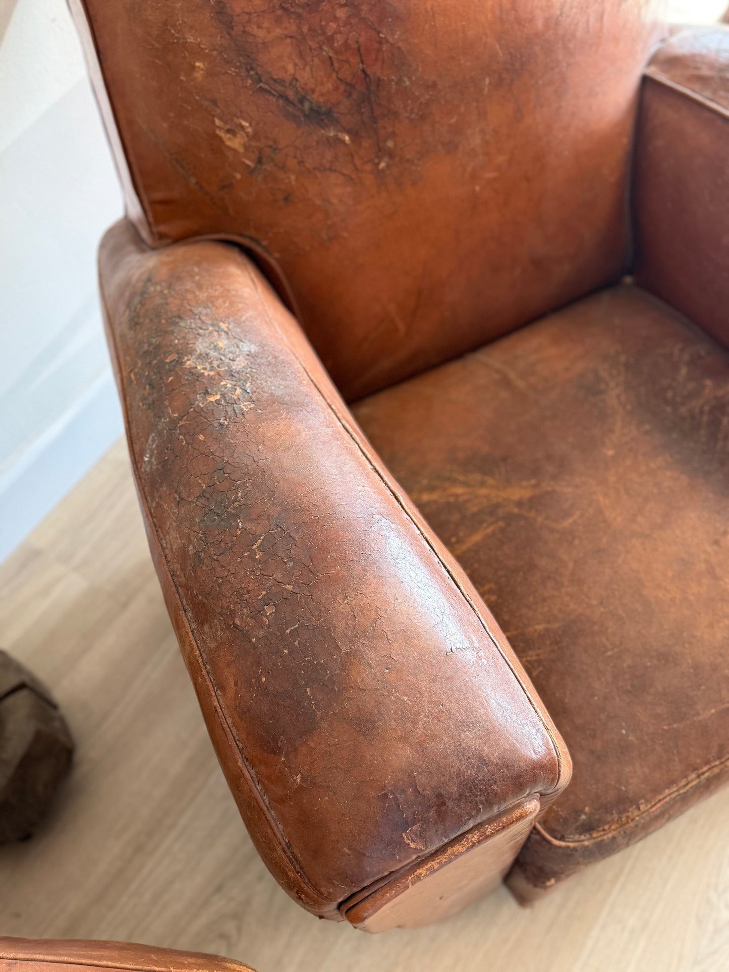 Pair of Two Antique Oversized French Leather Club Chairs